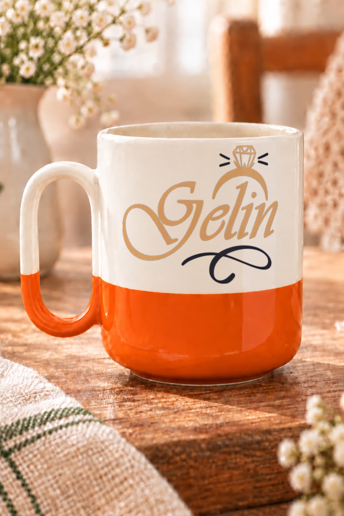 Gelin Yüzük Yazı Baskılı Alt Yarısı Renkli Arya Kupa Bardak Fincan Mug