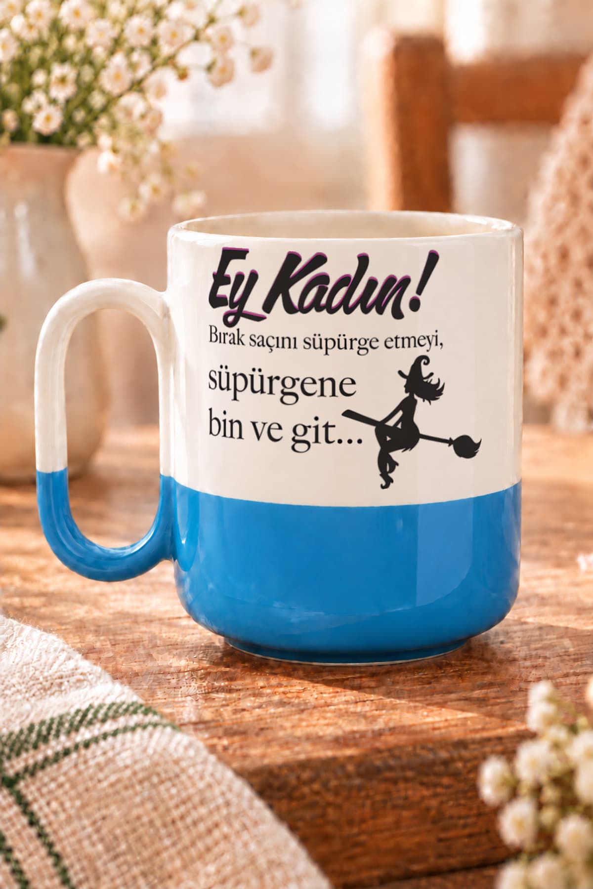 Ey Kadın Baskılı Mavi Alt Yarısı Renkli Arya Kupa Bardak Fincan Mug