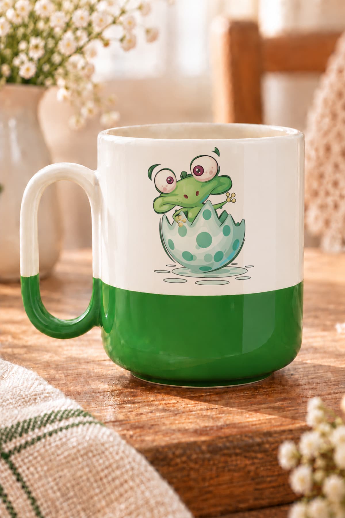 Yumurtadan Çıkan Kurbağa Baskılı Alt Yarısı Renkli Arya Kupa Bardak Fincan Mug