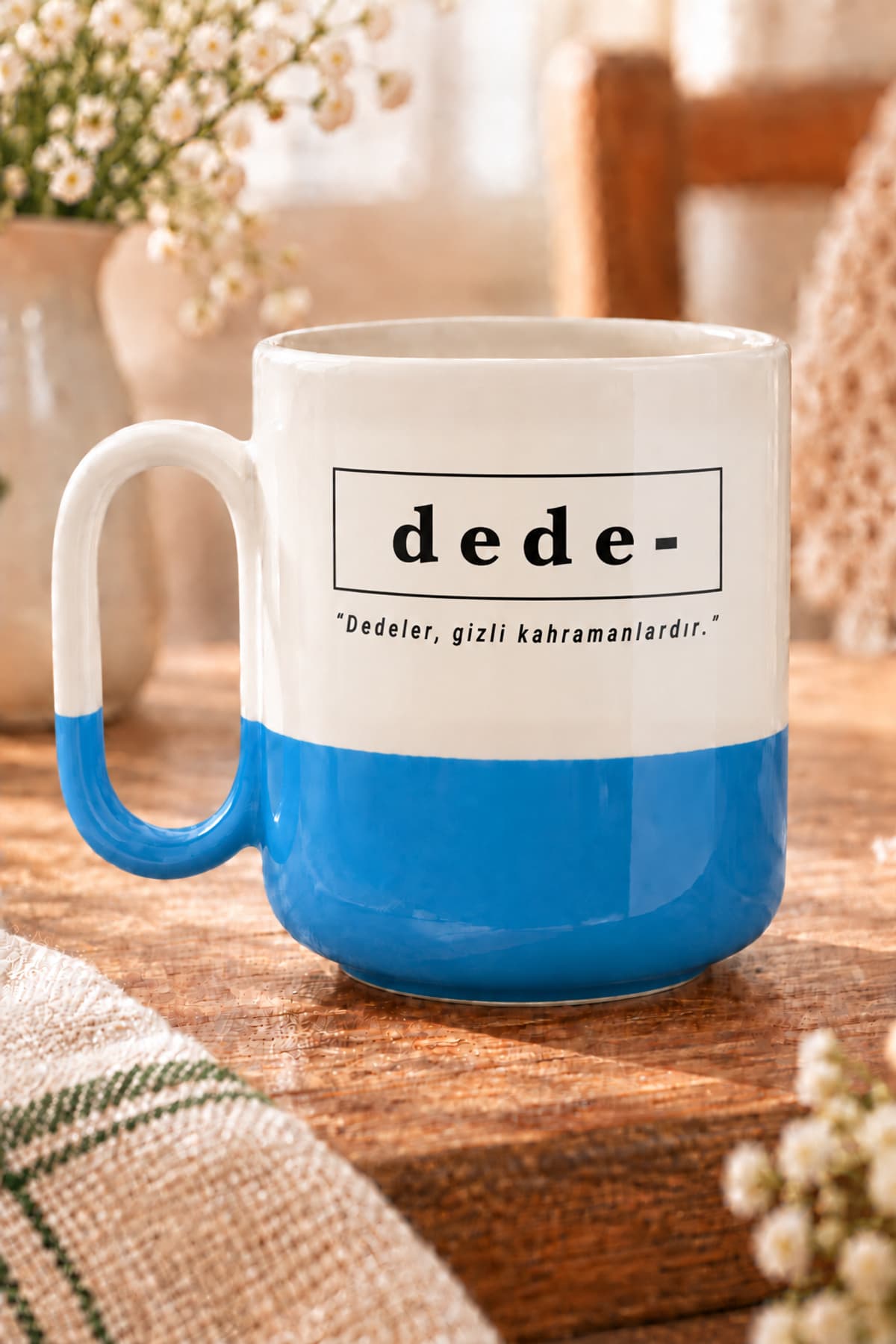 Dede Baskılı Mavi Alt Yarısı Renkli Arya Kupa - Dedeye Hediye Bardak Fincan Mug