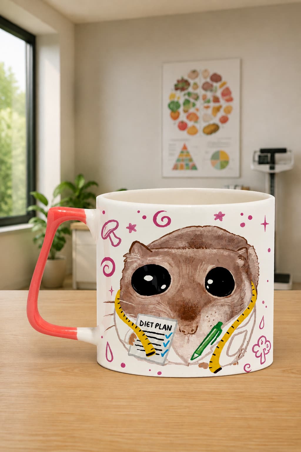 Sad Üzgün Hamster Diyetisyen Baskılı Pembe Kulplu Prime Kupa - Diyetisyene Hediye Bardak Fincan Mug