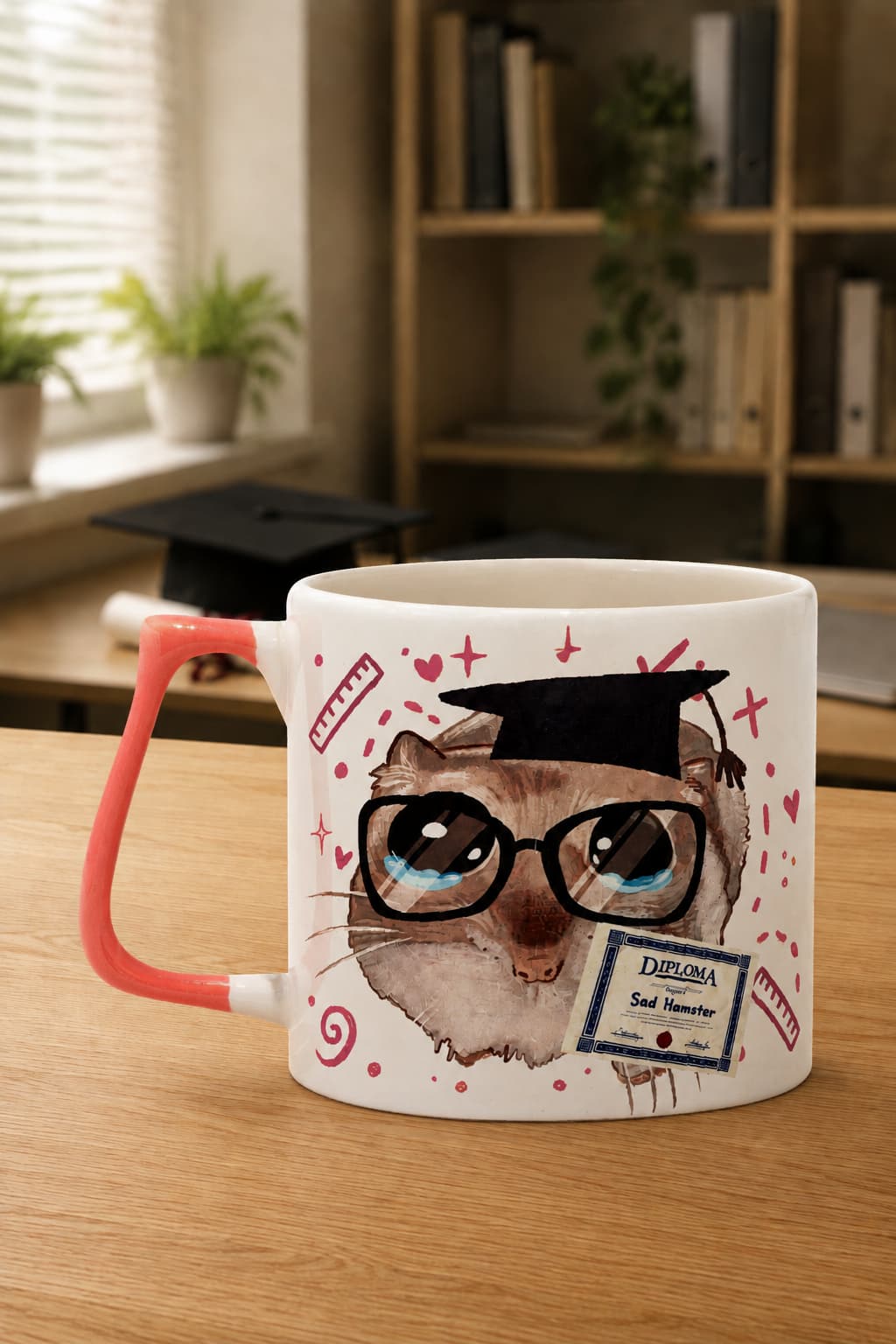 Sad Üzgün Hamster Mezun İşsiz Baskılı Kulplu Prime Kupa Bardak Fincan Mug