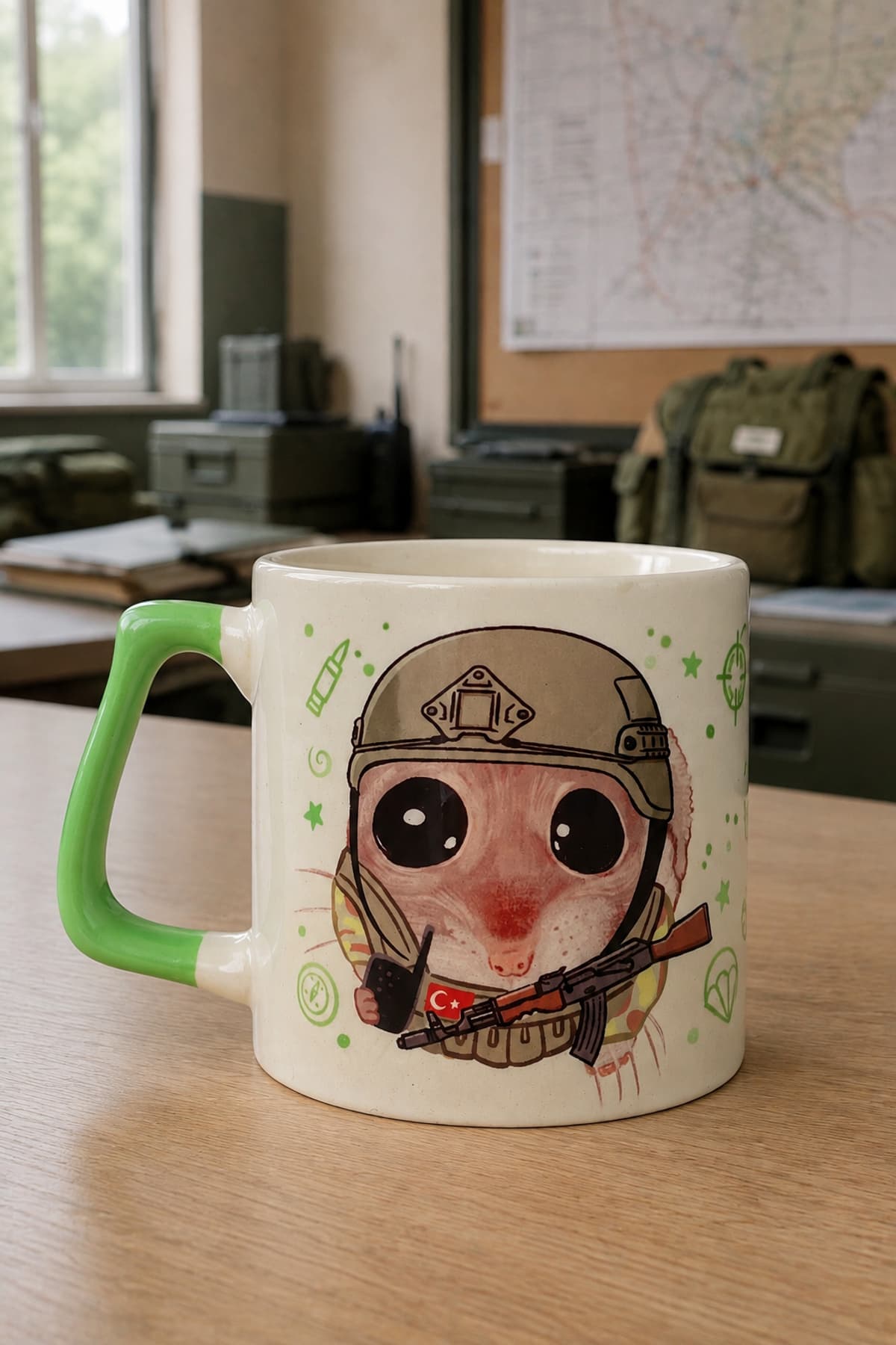Sad Üzgün Hamster Asker Baskılı Kulplu Prime Kupa - Askere Hediye Bardak Fincan Mug