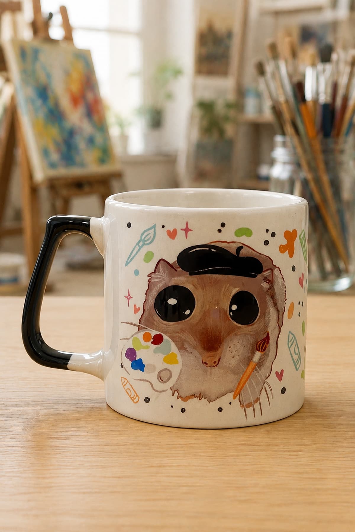 Sad Üzgün Hamster Ressam Baskılı Siyah Kulplu Prime Kupa - Ressama Hediye Bardak Fincan Mug