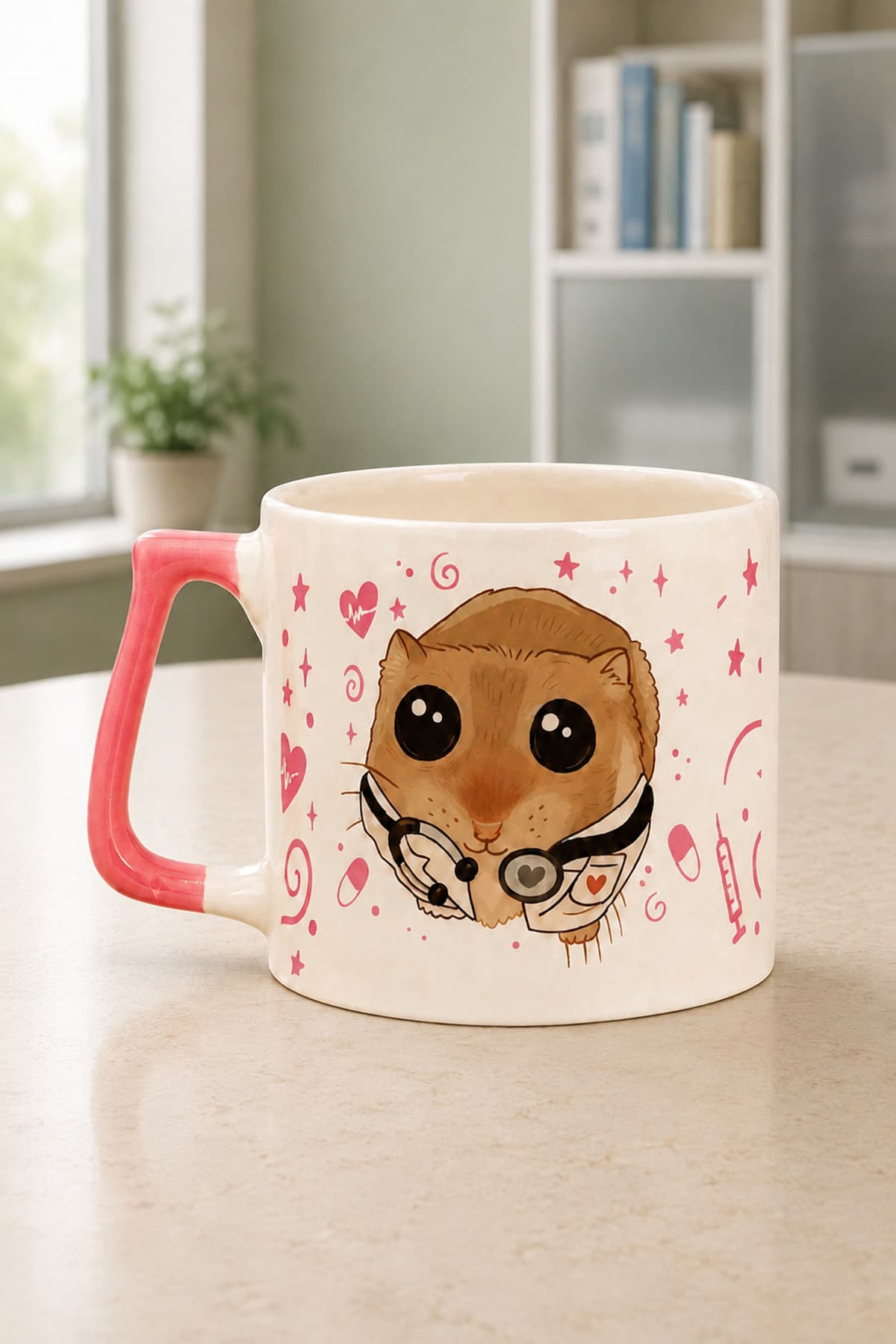 Pembe Doktor Hamster Baskılı Kulplu Prime Kupa - Doktora Hediye Bardak Fincan Mug