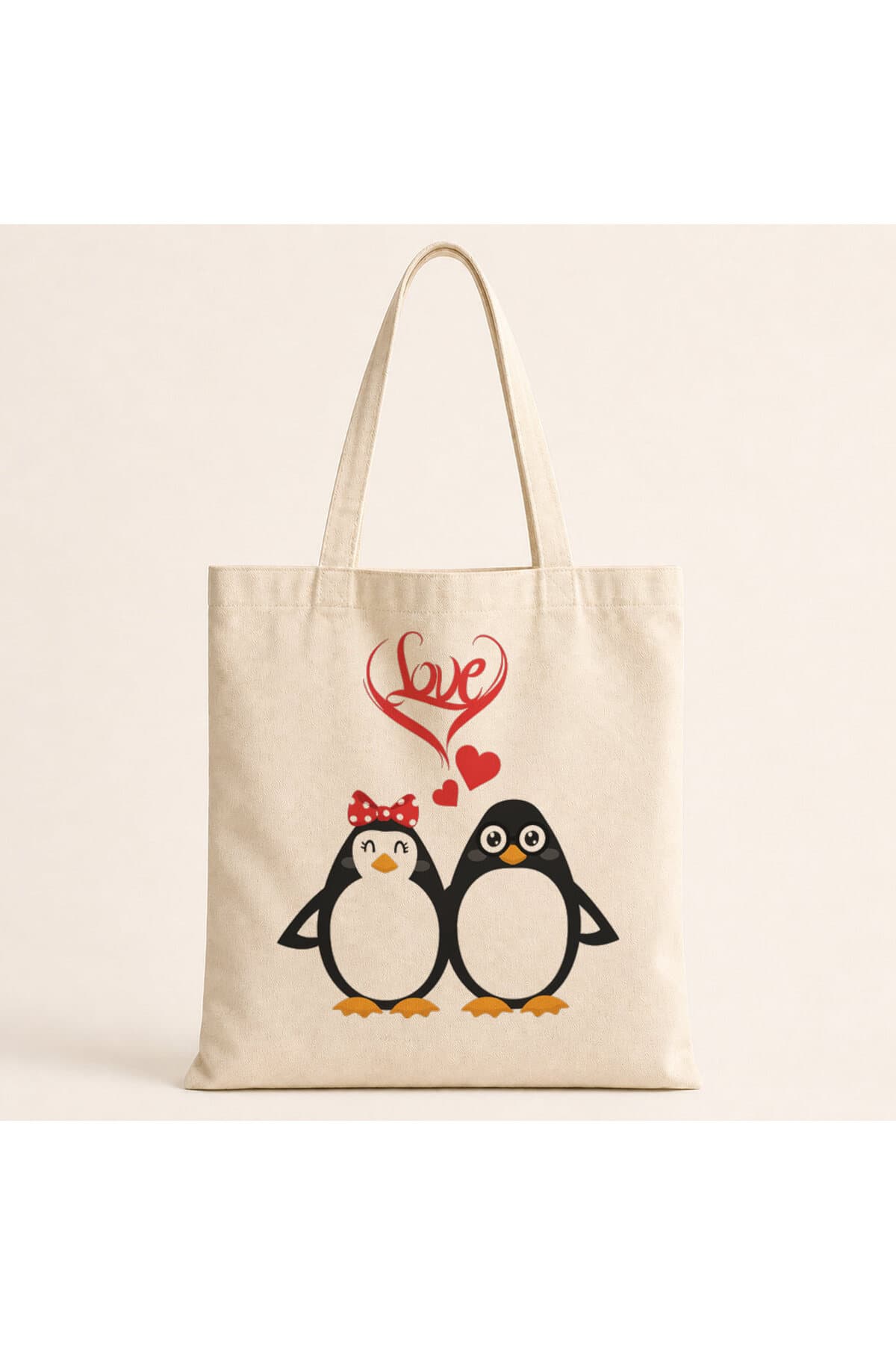 Love Penguenler Baskılı Bez Çanta Omuz Çantası Model 00286
