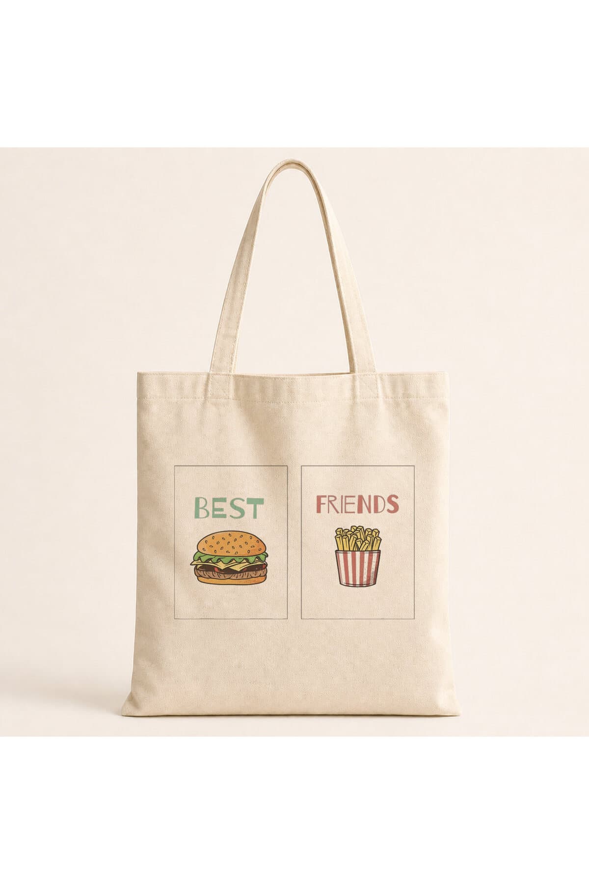 Best Friends Hamburger Patates Baskılı Bez Çanta - Arkadaşa Hediye Omuz Çantası
