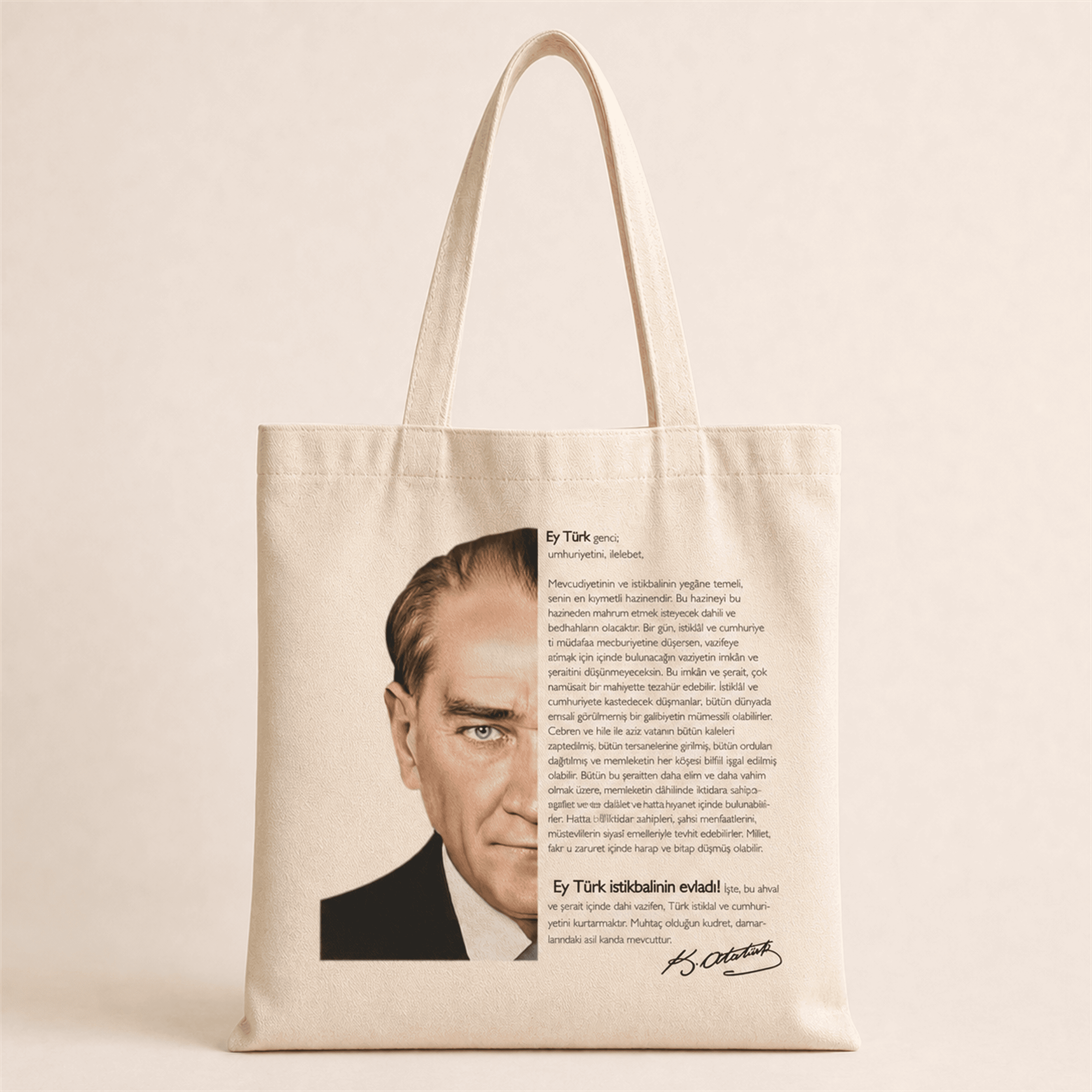 Siyah Beyaz Atatürk Baskılı Bez Çanta Omuz Çantası