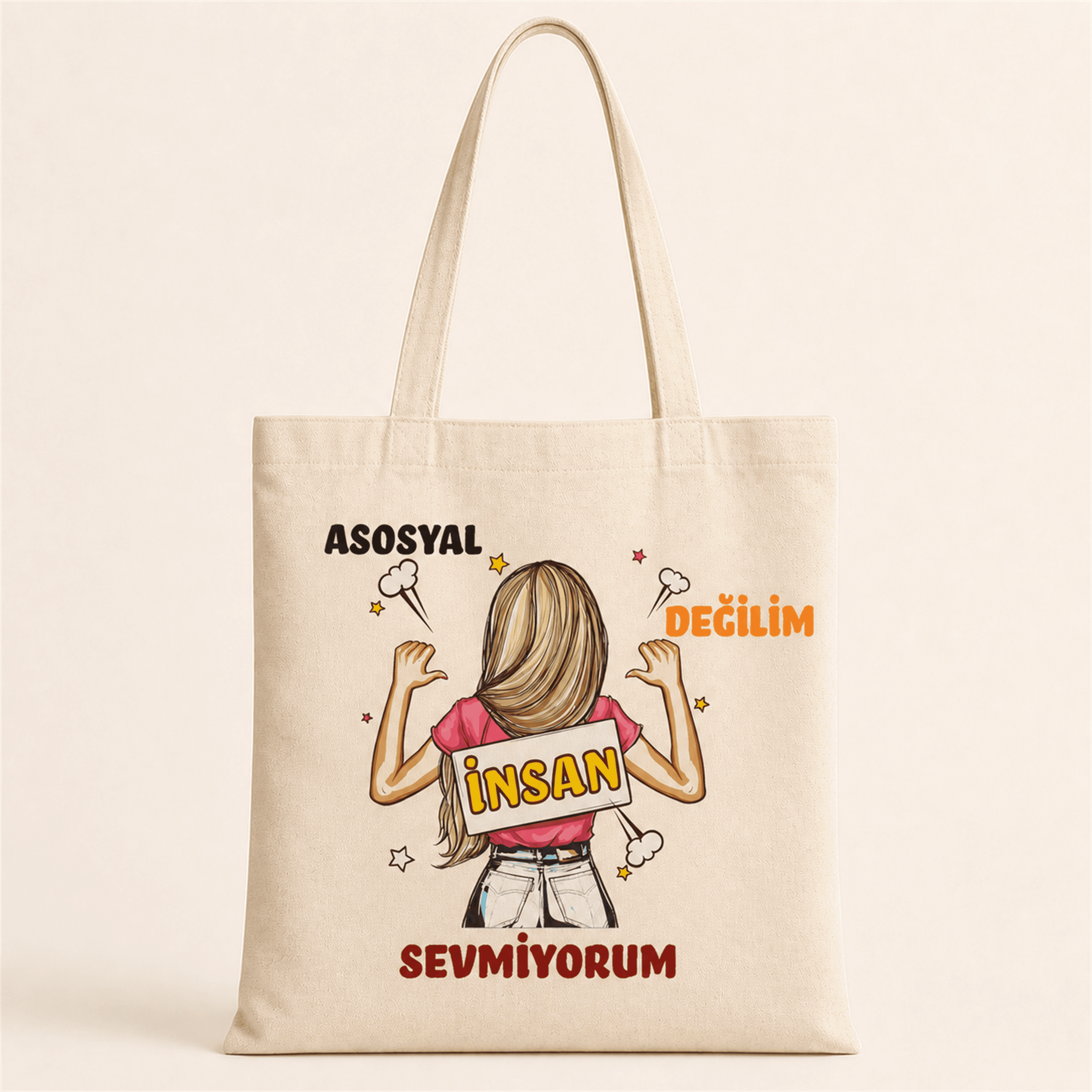 Asosyal Değilim İnsan Sevmiyorum Baskılı Bez Çanta Omuz Çantası