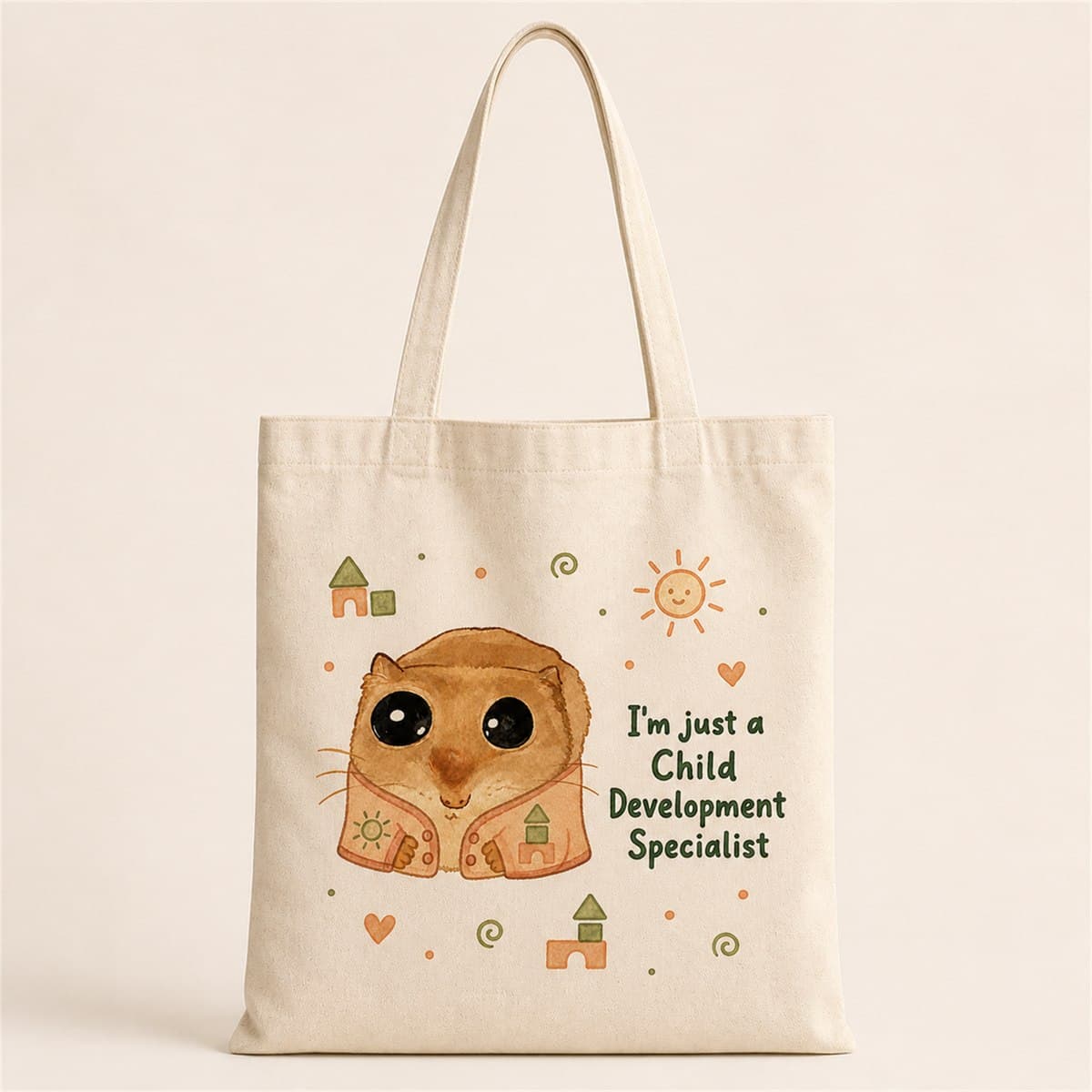 Sad Üzgün Hamster Meslek Çocuk Gelişimci Baskılı Bez Çanta - Çocuk Gelişimciye Hediye Omuz Çantası