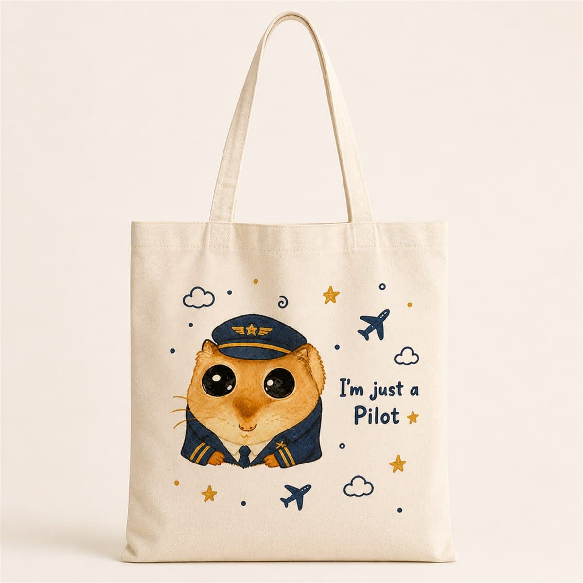 Sad Üzgün Hamster Meslek Pilot Baskılı Bez Çanta - Pilota Hediye Omuz Çantası