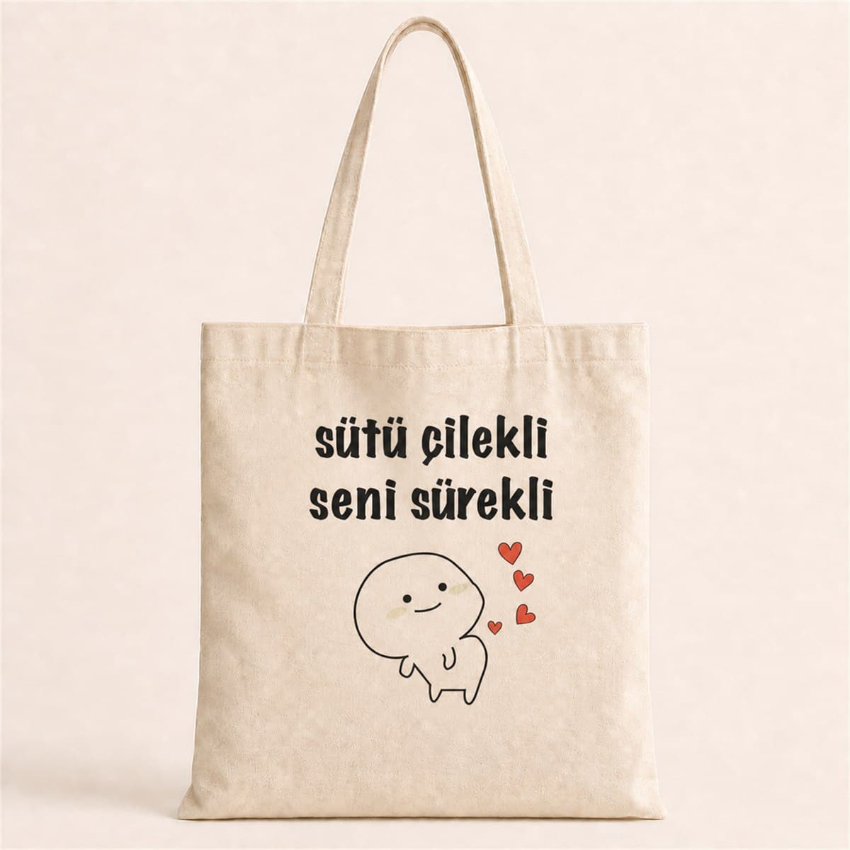 Sütü Çilekli Sütü Sürekli Baskılı Bez Çanta Omuz Çantası