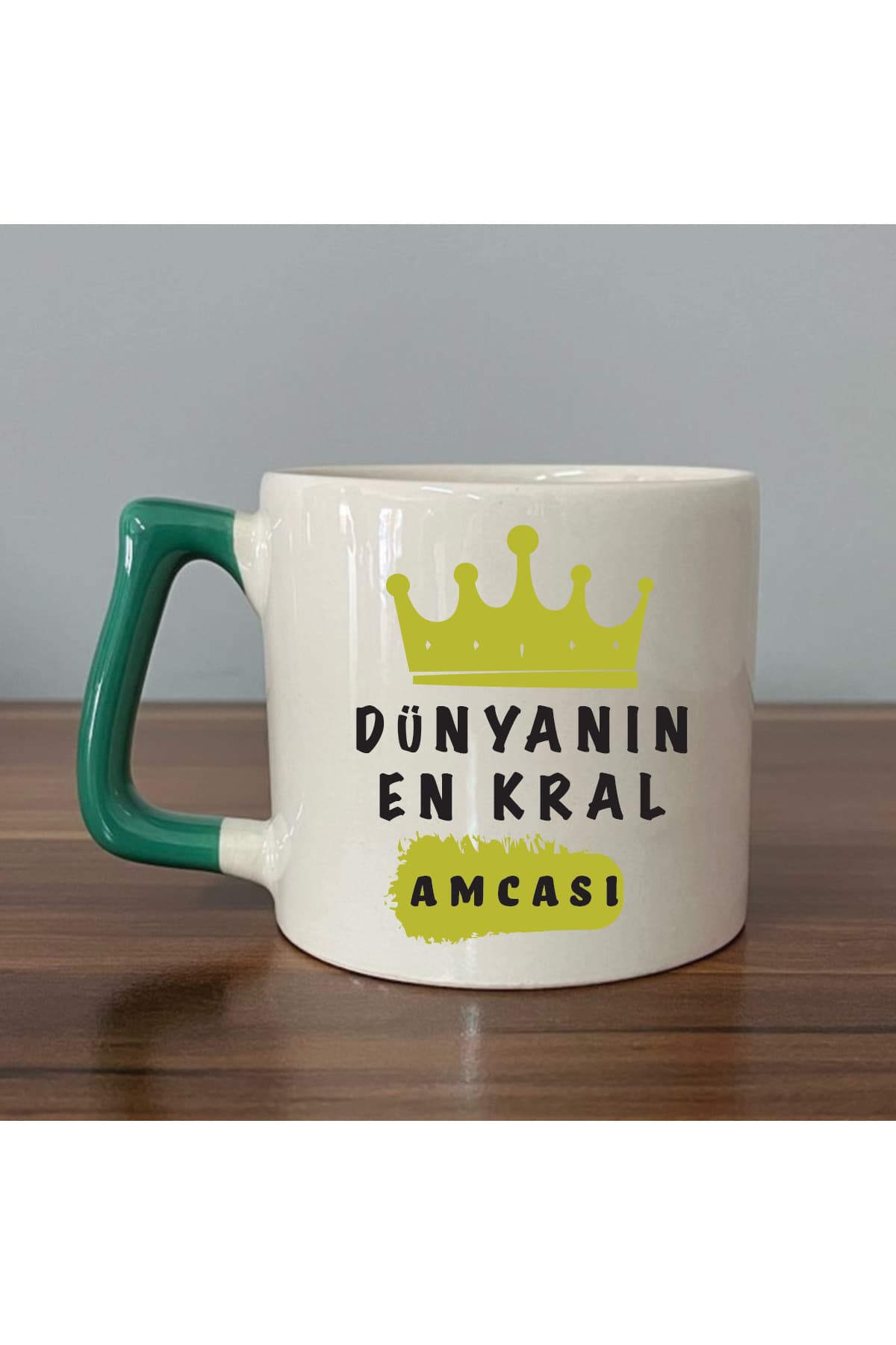 Dünyanın En Kral Amcası Baskılı Yeşil Kulplu Prime Kupa - Babalar Günü Hediyesi Bardak Fincan Mug