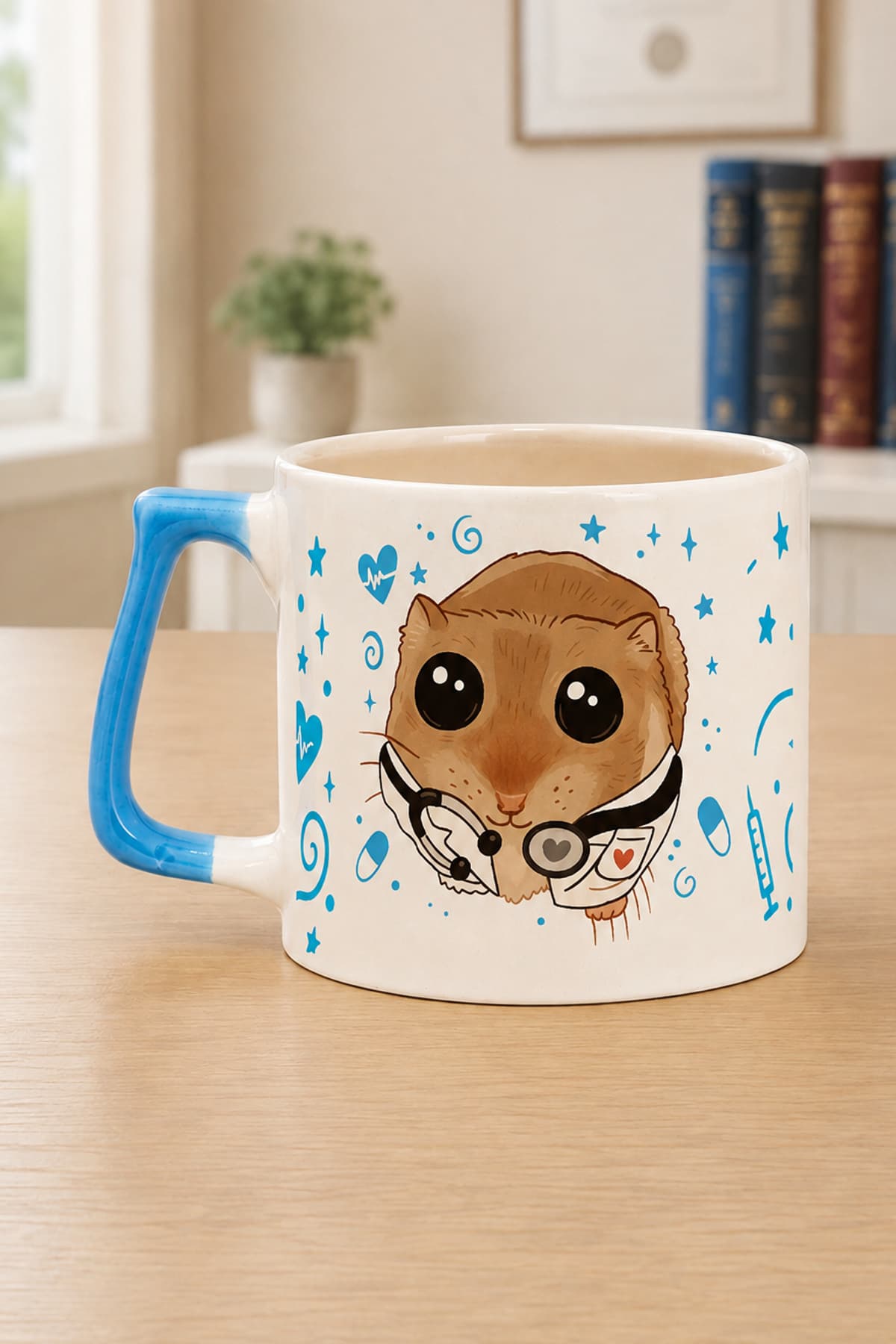 Sad Üzgün Hamster Doktor Baskılı Mavi Kulplu Prime Kupa - Doktora Hediye Bardak Fincan Mug