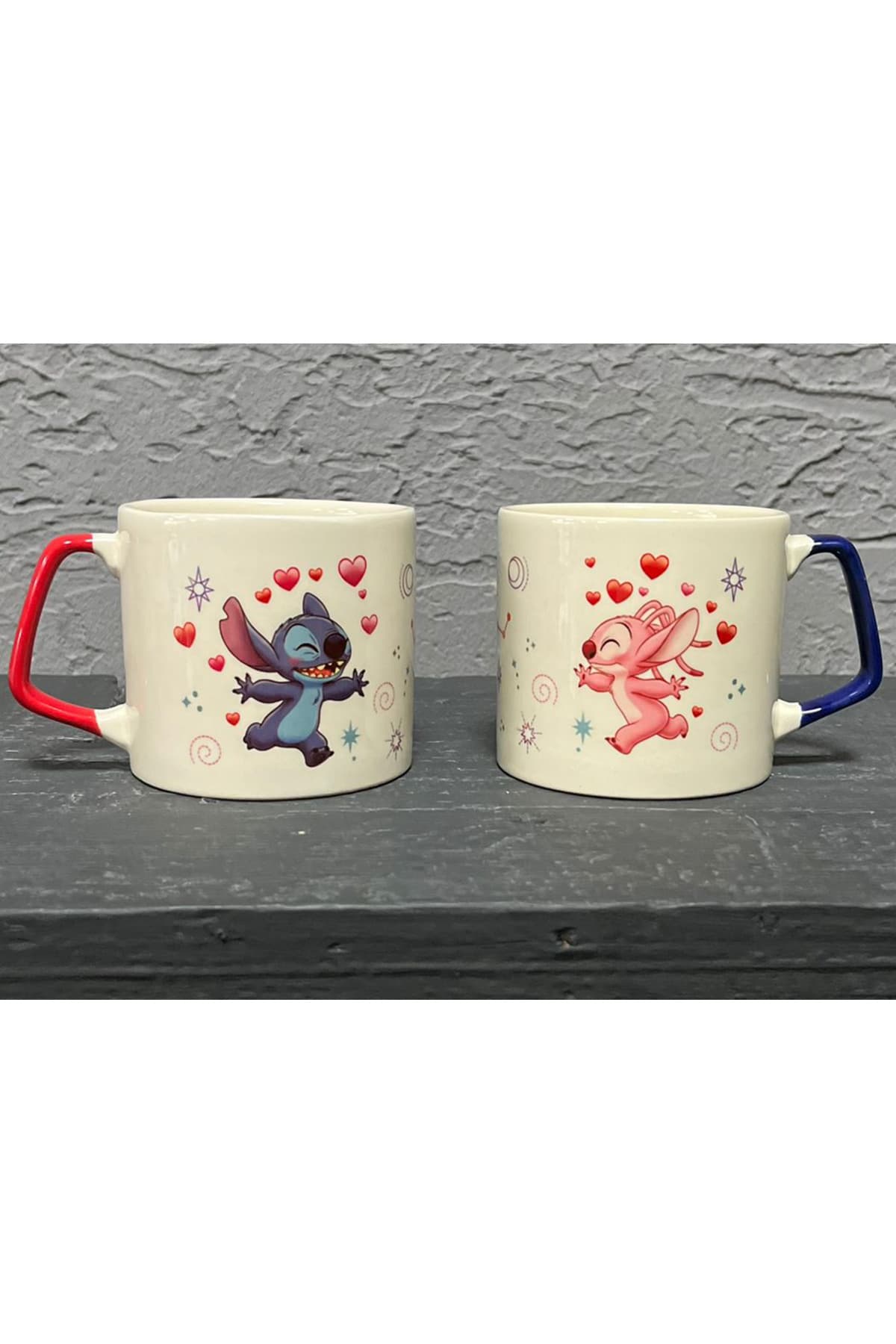 Stitch Sarılıyor Baskılı Siyah Kulplu Prime Kupa - Sevgililer Günü Hediyesi Bardak Fincan Mug