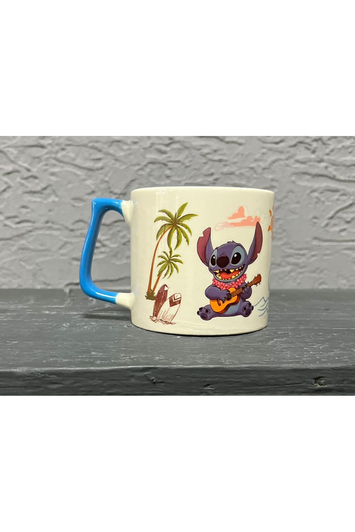 Stitch Gitar Çalıyor Baskılı Mavi Kulplu Prime Kupa - Sevgililer Günü Hediyesi Bardak Fincan Mug