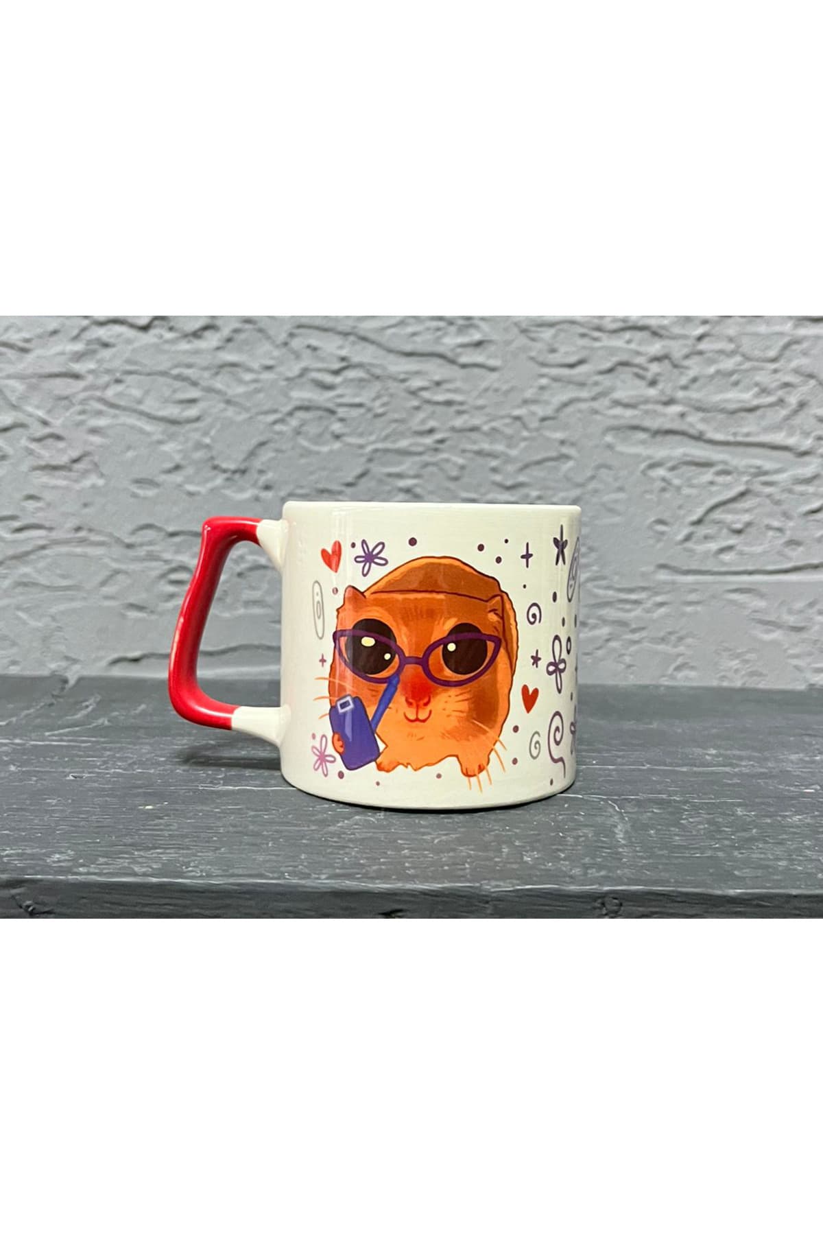 Sad Üzgün Hamster Psikolog Baskılı Kırmızı Kulplu Prime Kupa - Psikoloğa Hediye Bardak Fincan Mug