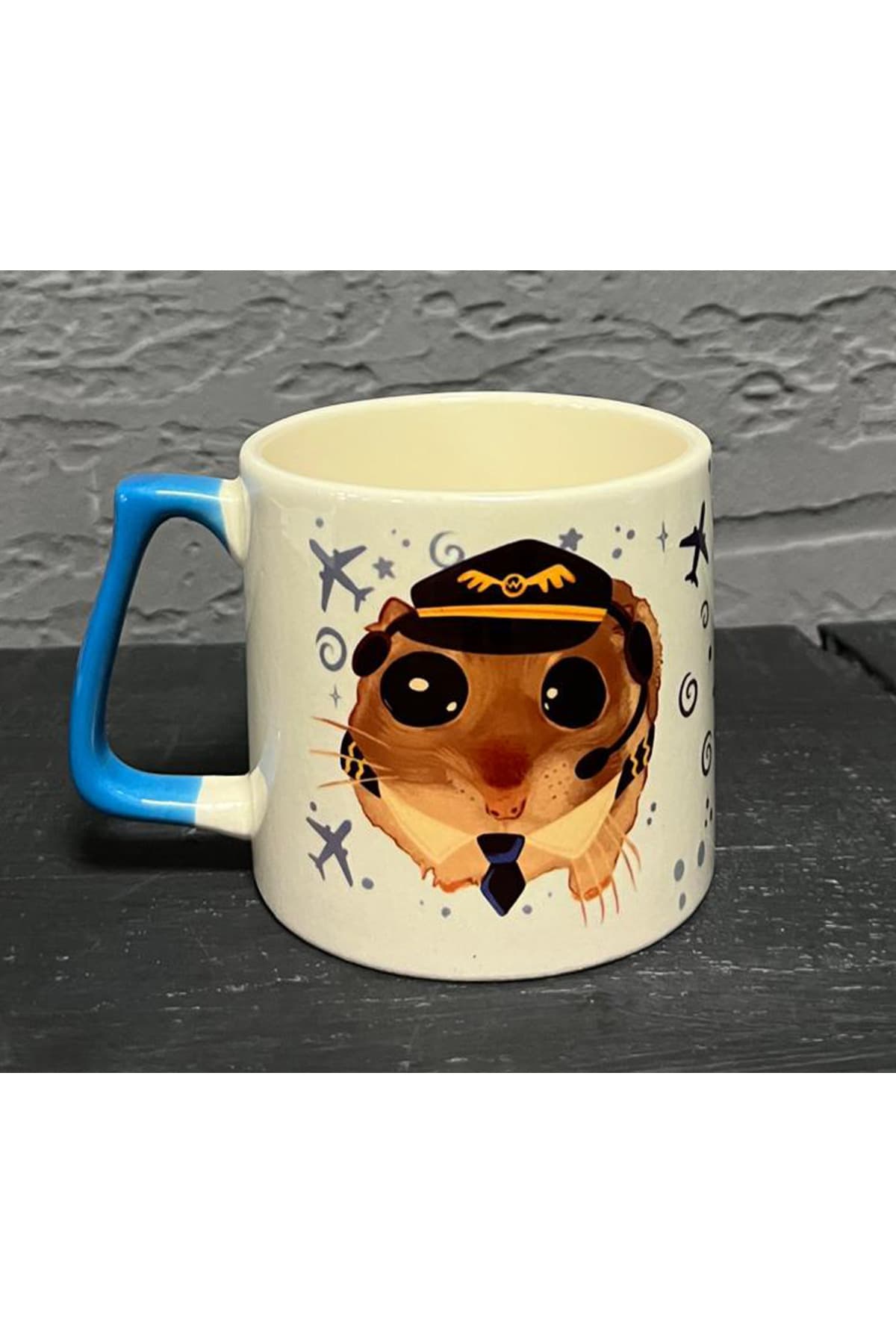 Sad Üzgün Hamster Pilot Baskılı Mavi İçi ve Kulbu Renkli Double Kupa - Pilota Hediye Bardak Fincan