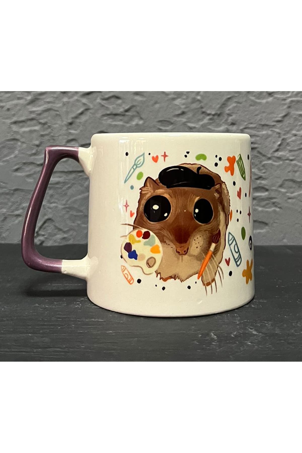 Sad Üzgün Hamster Artist Baskılı Mor Kulplu Prime Kupa - Artiste Hediye Bardak Fincan Mug