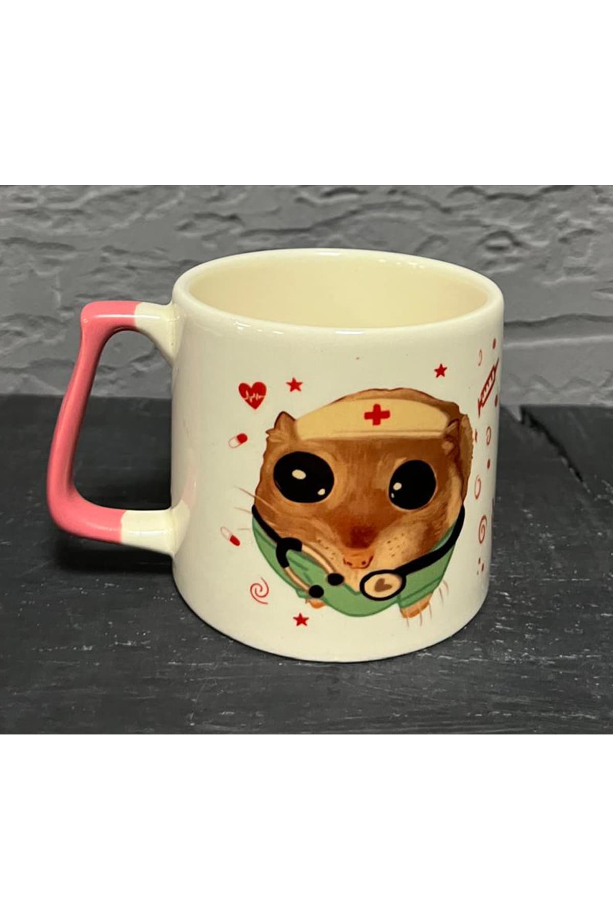 Sad Üzgün Hamster Baskılı Pembe Kulplu Prime Kupa - Hemşireye Hediye Bardak Fincan Mug Model 00722