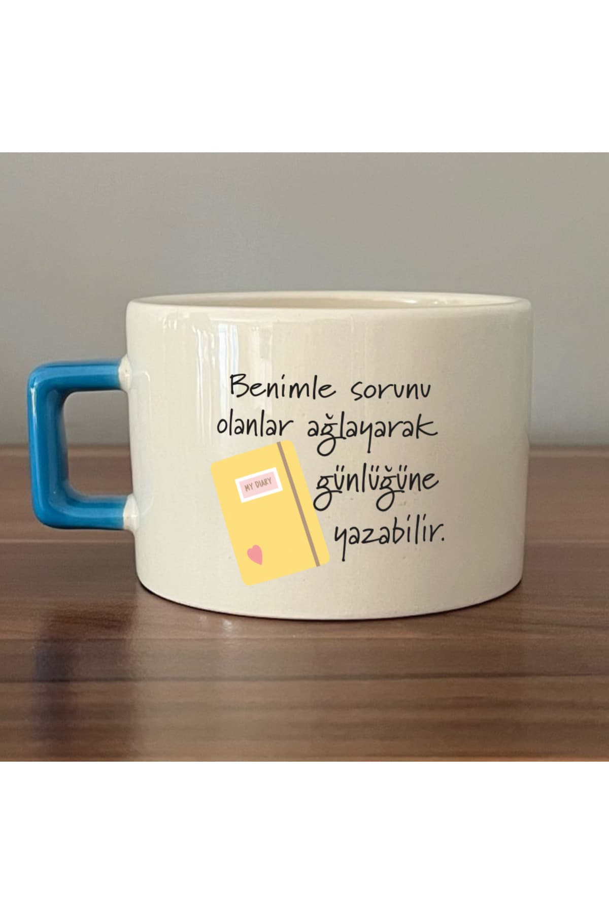 Benimle Sorunu Olanlar Ağlayarak Baskılı Mavi Kulplu Kare Kupa Bardak Fincan Mug