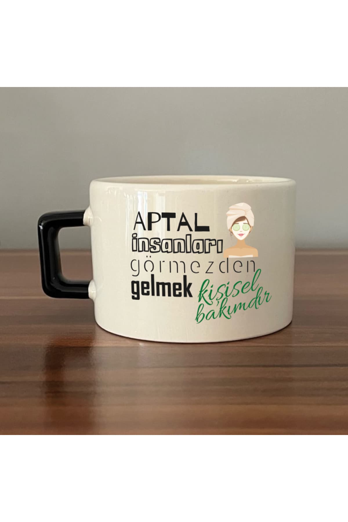 Aptal İnsanları Görmezden Gelmek Baskılı Siyah Kulplu Kare Kupa Bardak Fincan Mug