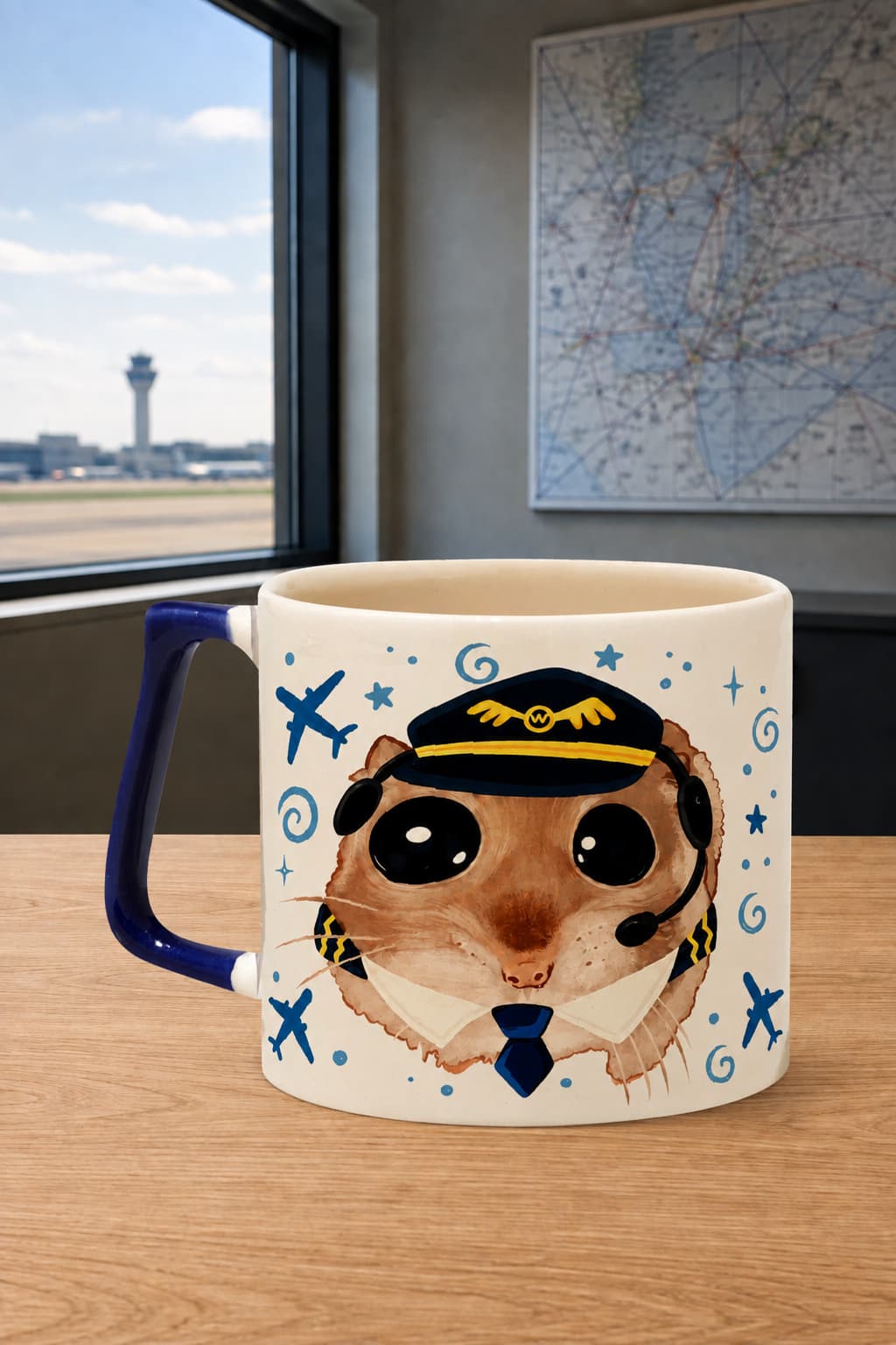 Sad Üzgün Hamster Meslek: Pilot Baskılı Lacivert Kulplu Prime Kupa - Pilota Hediye Bardak Fincan Mug