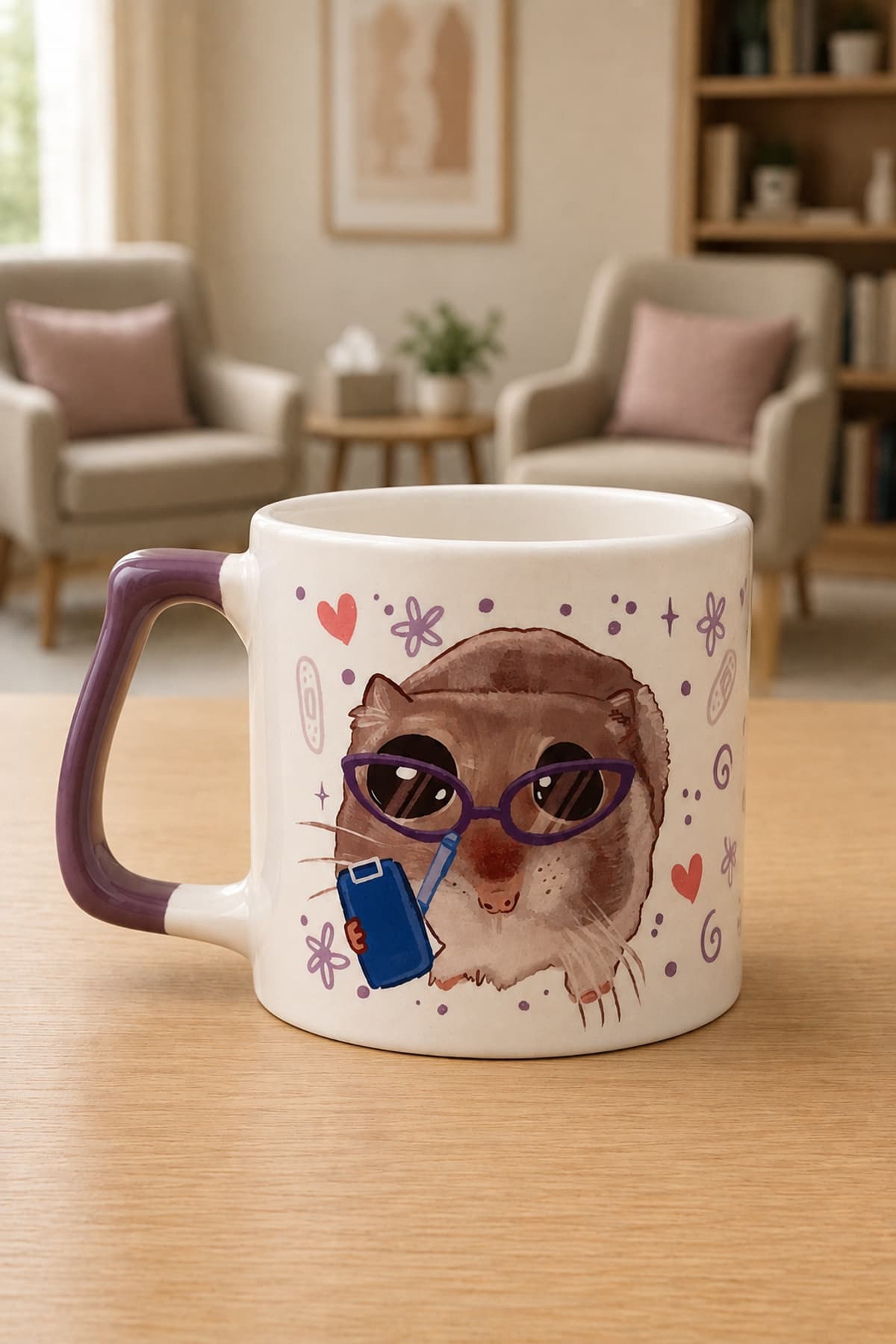 Sad Üzgün Hamster Meslek: Psikolog Baskılı Mor Kulplu Prime Kupa - Psikoloğa Hediye Bardak Fincan