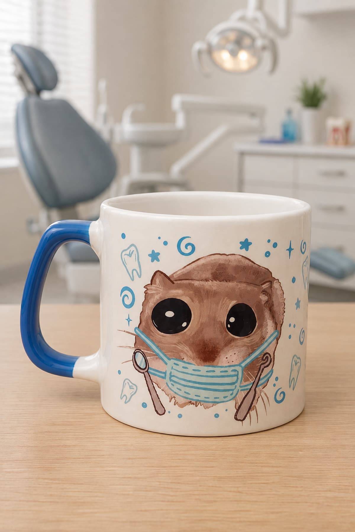 Sad Üzgün Hamster Meslek Dişçi Diş Doktoru Baskılı Mavi Kulplu Prime Kupa - Dişçiye Hediye Bardak