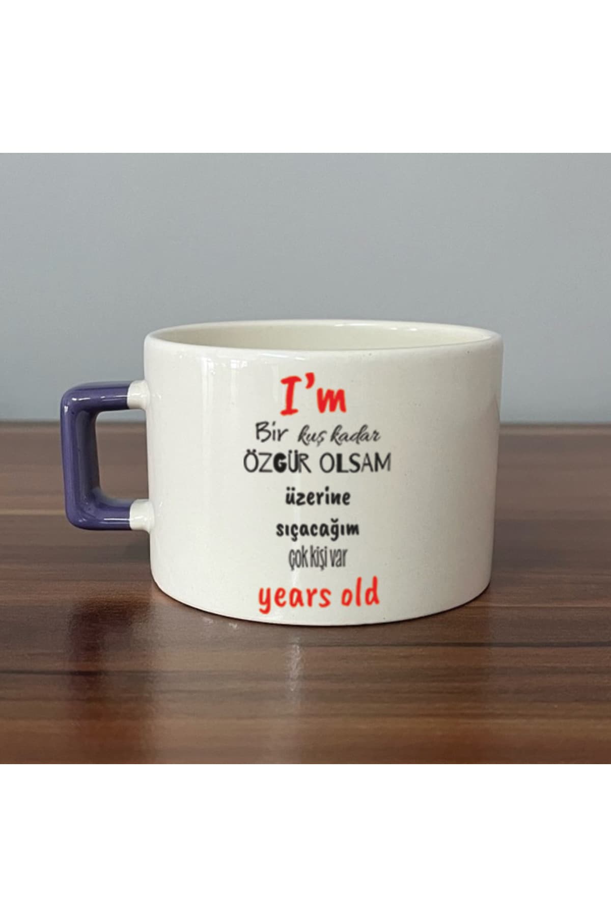 I`m Bir Kuş Kadar Özgür Olsam Baskılı Mor Kulplu Kare Kupa Bardak Fincan Mug
