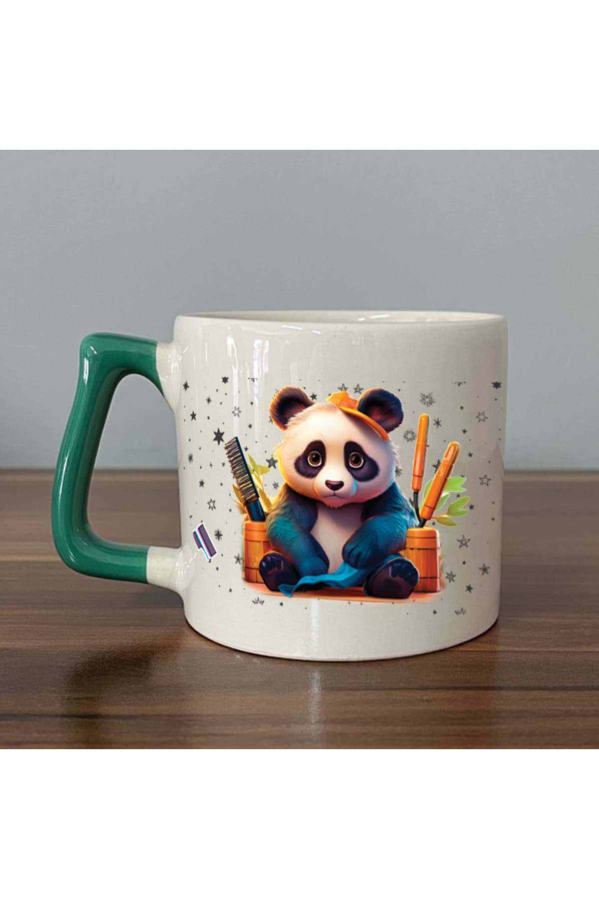 Sad Üzgün Panda Meslek: Kuaför Baskılı Yeşil Kulplu Prime Kupa Bardak Fincan Mug
