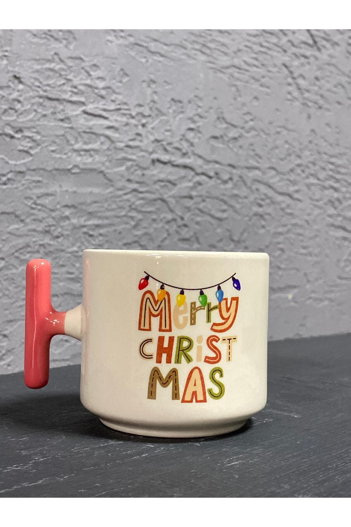 Merry Christmas Süslü Baskılı Pembe Kulplu T Kupa - Yılbaşı Hediyesi Bardak Fincan Mug