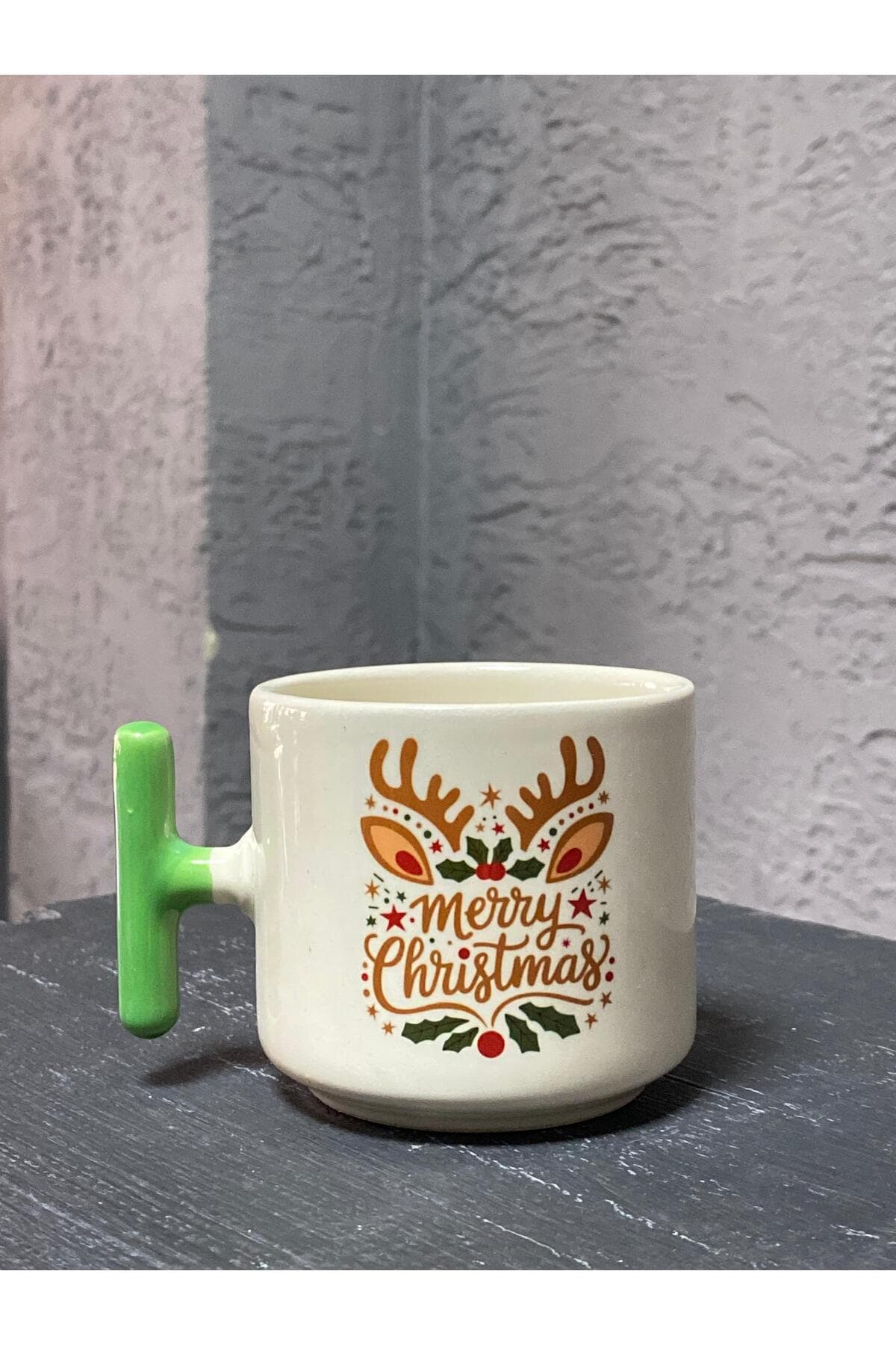 Merry Christmas Geyik Boynuzlu Baskılı Yeşil Kulplu T Kupa - Yılbaşı Hediyesi Bardak Fincan Mug