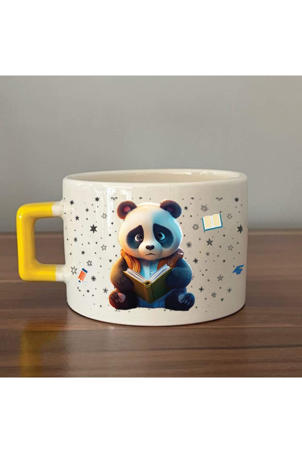 Sad Üzgün Panda Meslek: Öğrenci Baskılı Sarı Kulplu Kare Kupa - Öğrenciye Hediye Bardak Fincan Mug