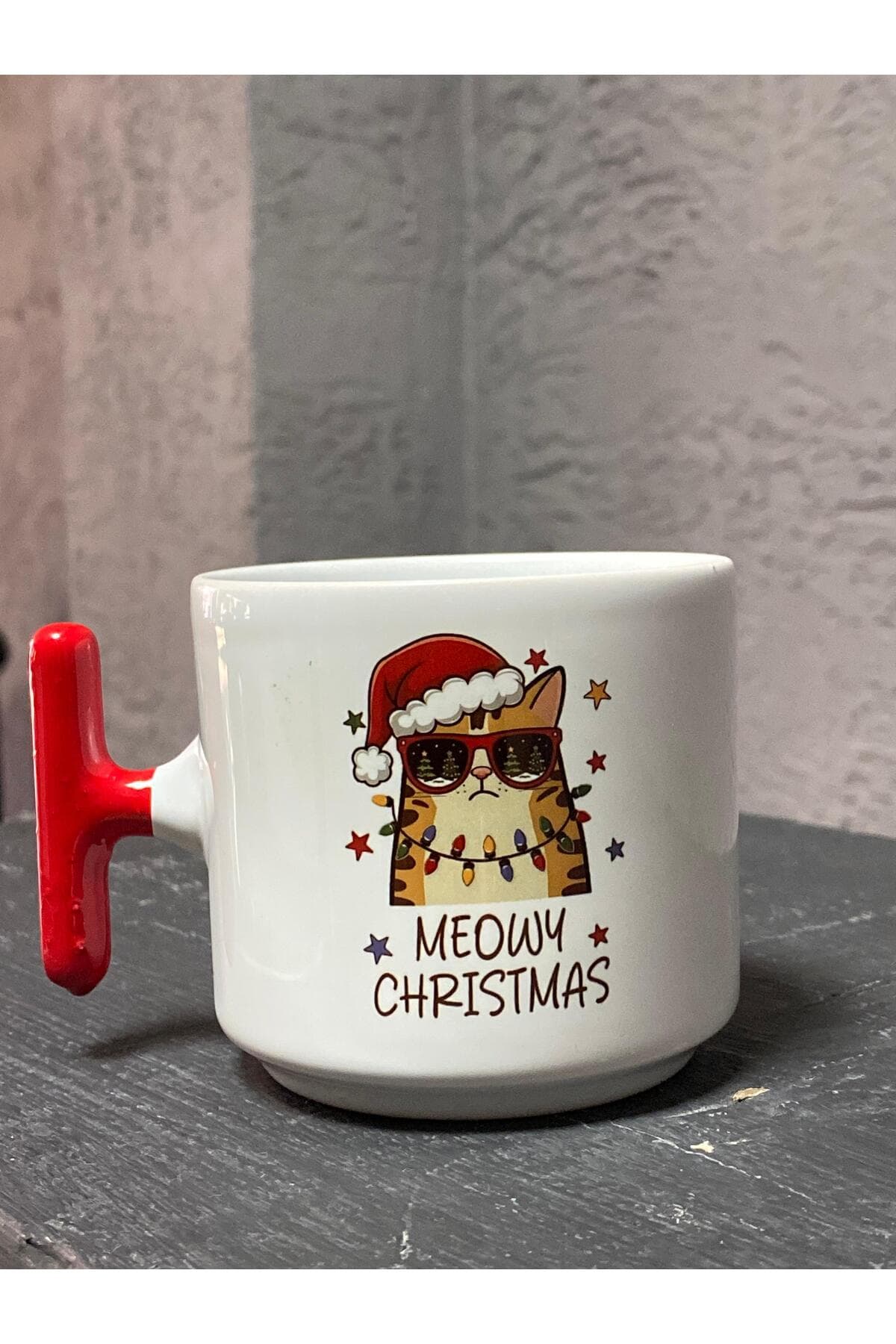 Meowy Christmast Gözlüklü Kedi Baskılı Kırmızı Kulplu T Kupa - Yılbaşı Hediyesi Bardak Fincan Mug