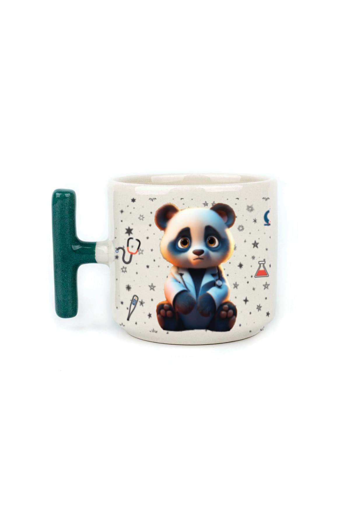 Sad Üzgün Panda Meslek: Doktor Baskılı Yeşil Kulplu T Kupa - Doktora Hediye Bardak Fincan Mug