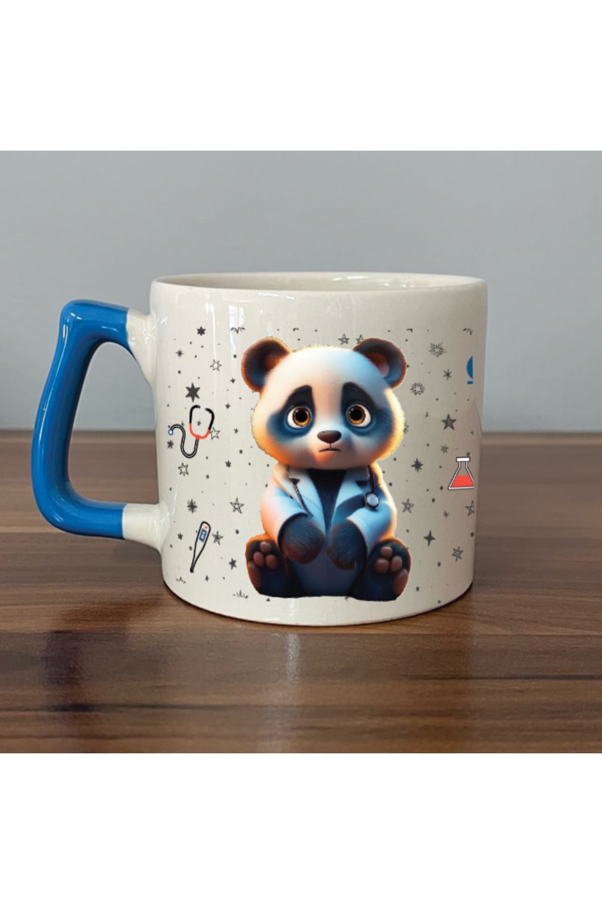 Sad Üzgün Panda Meslek: Doktor Baskılı Mavi Kulplu Prime Kupa - Doktora Hediye Bardak Fincan Mug