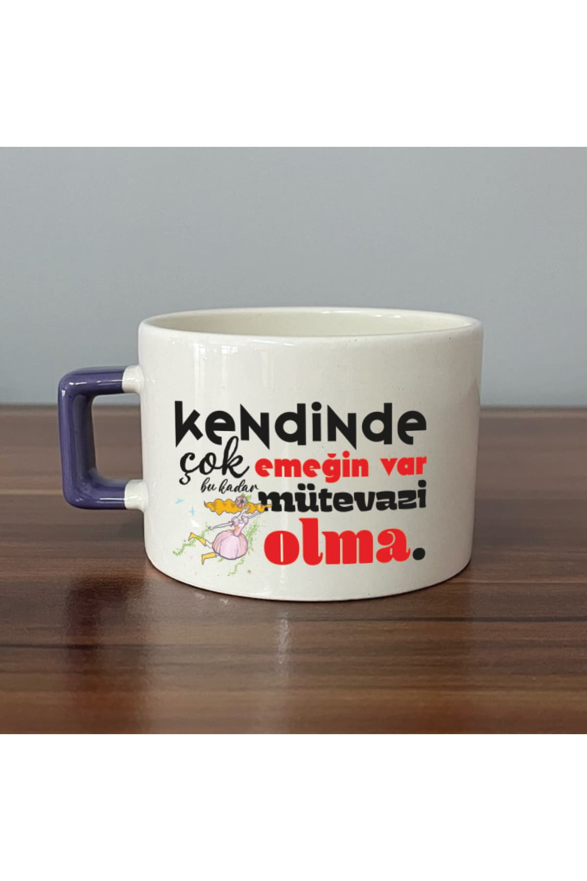 Kendinde Çok Emeğin Var Baskılı Mor Kulplu Kare Kupa Bardak Fincan Mug
