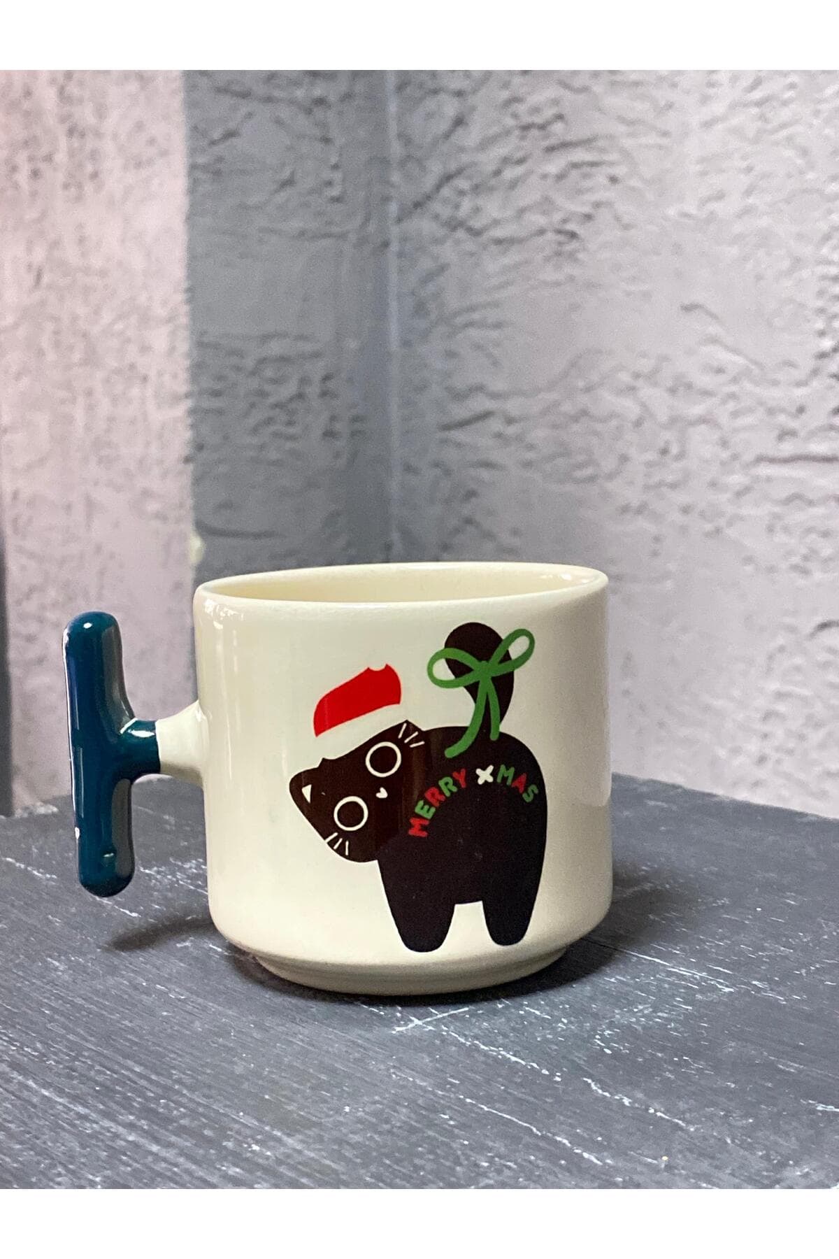 Merry Xmass Baskılı Yeşil Kulplu T Kupa - Yılbaşı Hediyesi Bardak Fincan Mug