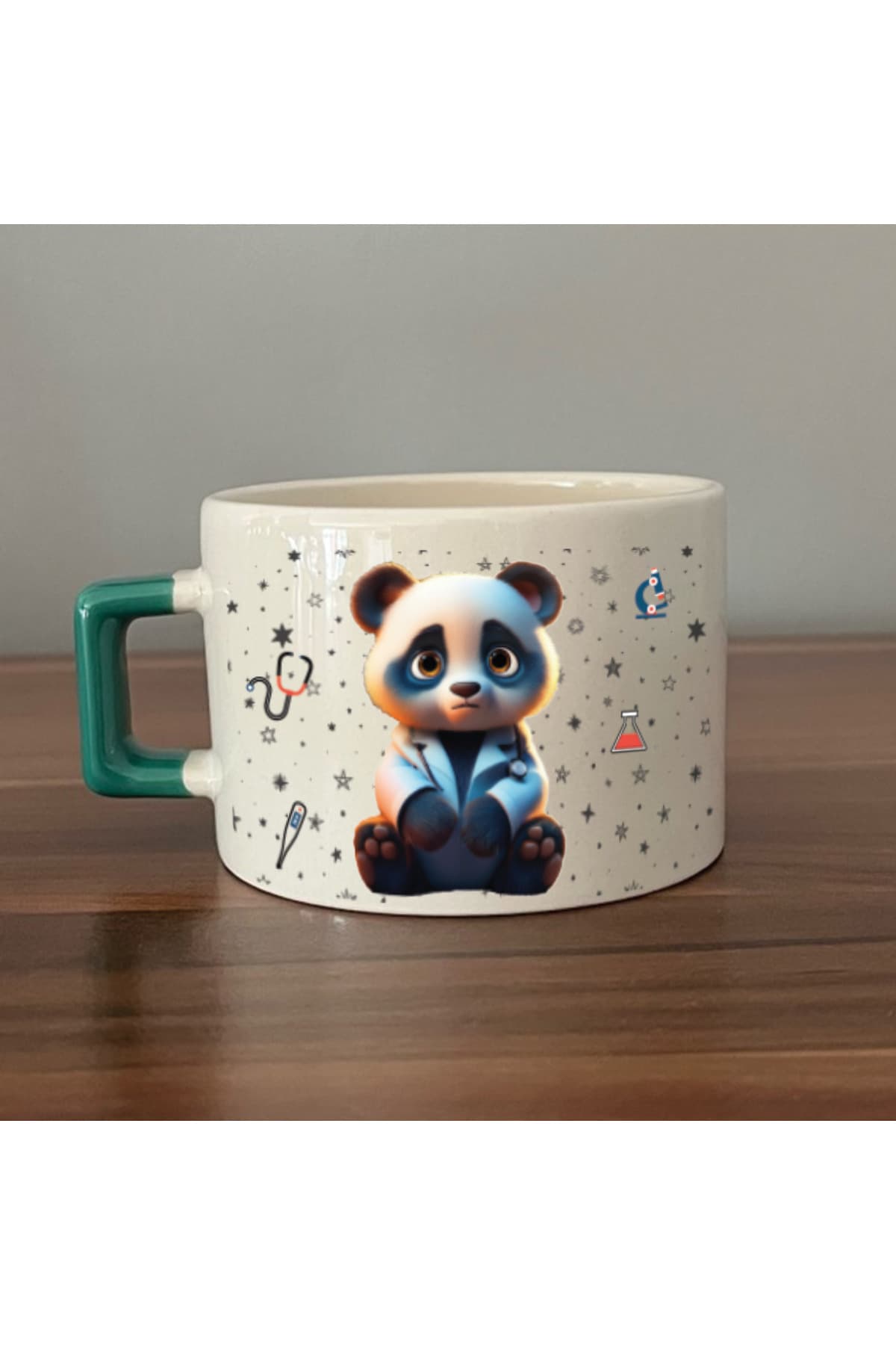 Sad Üzgün Panda Meslek: Doktor Baskılı Yeşil Kulplu Kare Kupa - Doktora Hediye Bardak Fincan Mug