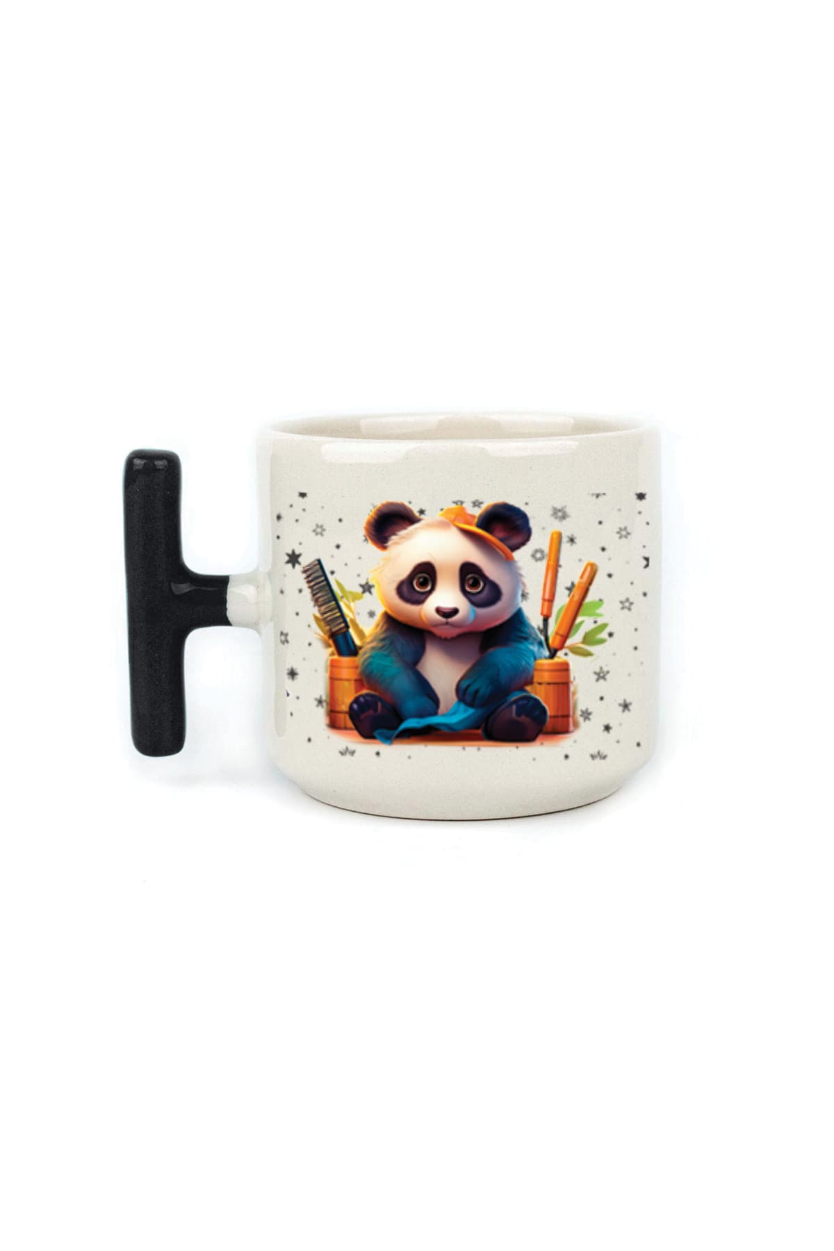 Sad Üzgün Panda Meslek: Kuaför Baskılı Siyah Kulplu T Kupa Bardak Fincan Mug