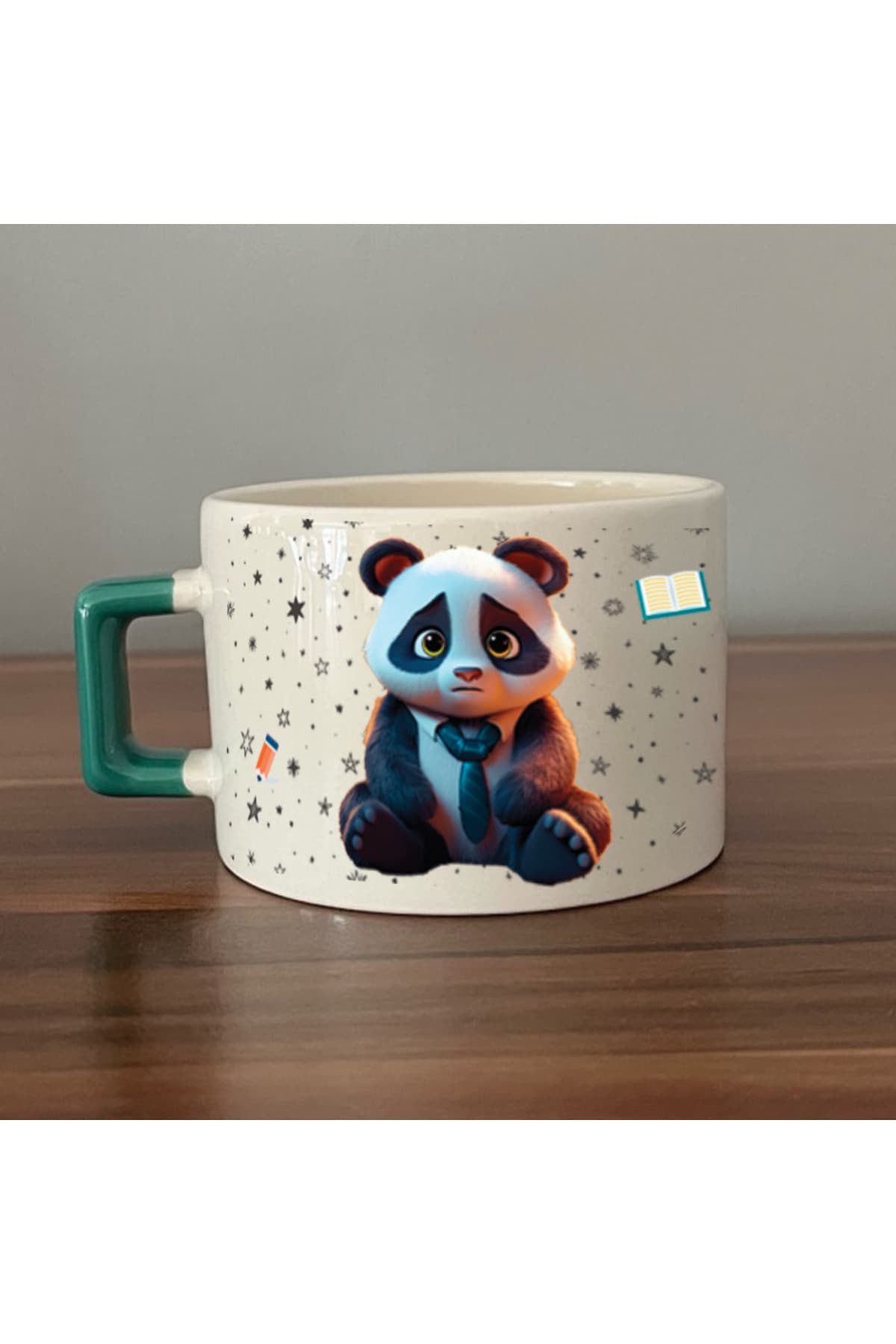 Sad Üzgün Panda Meslek: Öğretmen Baskılı Yeşil Kulplu Kare Kupa - Öğretmene Hediye Bardak Fincan Mug