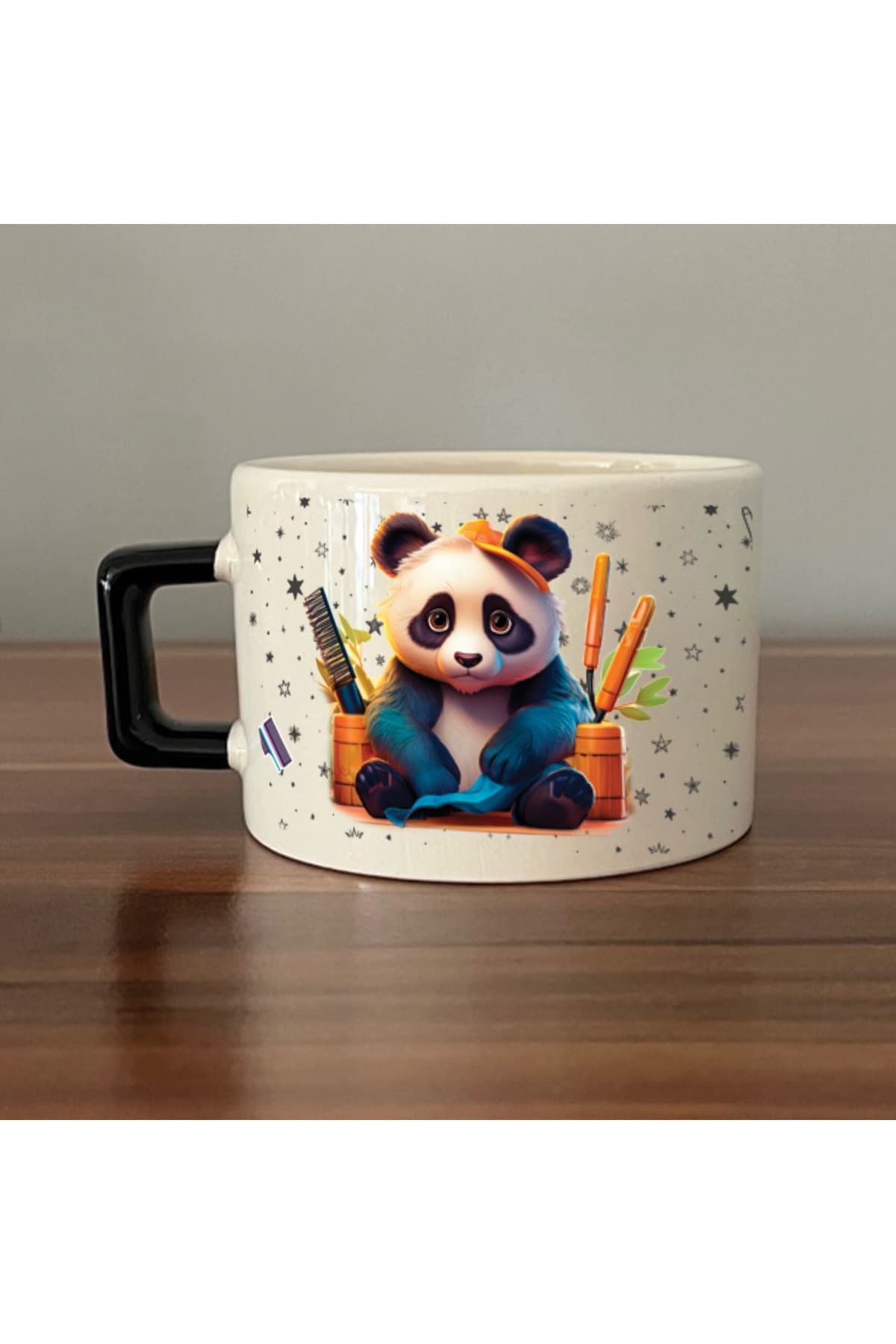 Sad Üzgün Panda Meslek: Kuaför Baskılı Siyah Kulplu Kare Kupa Bardak Fincan Mug