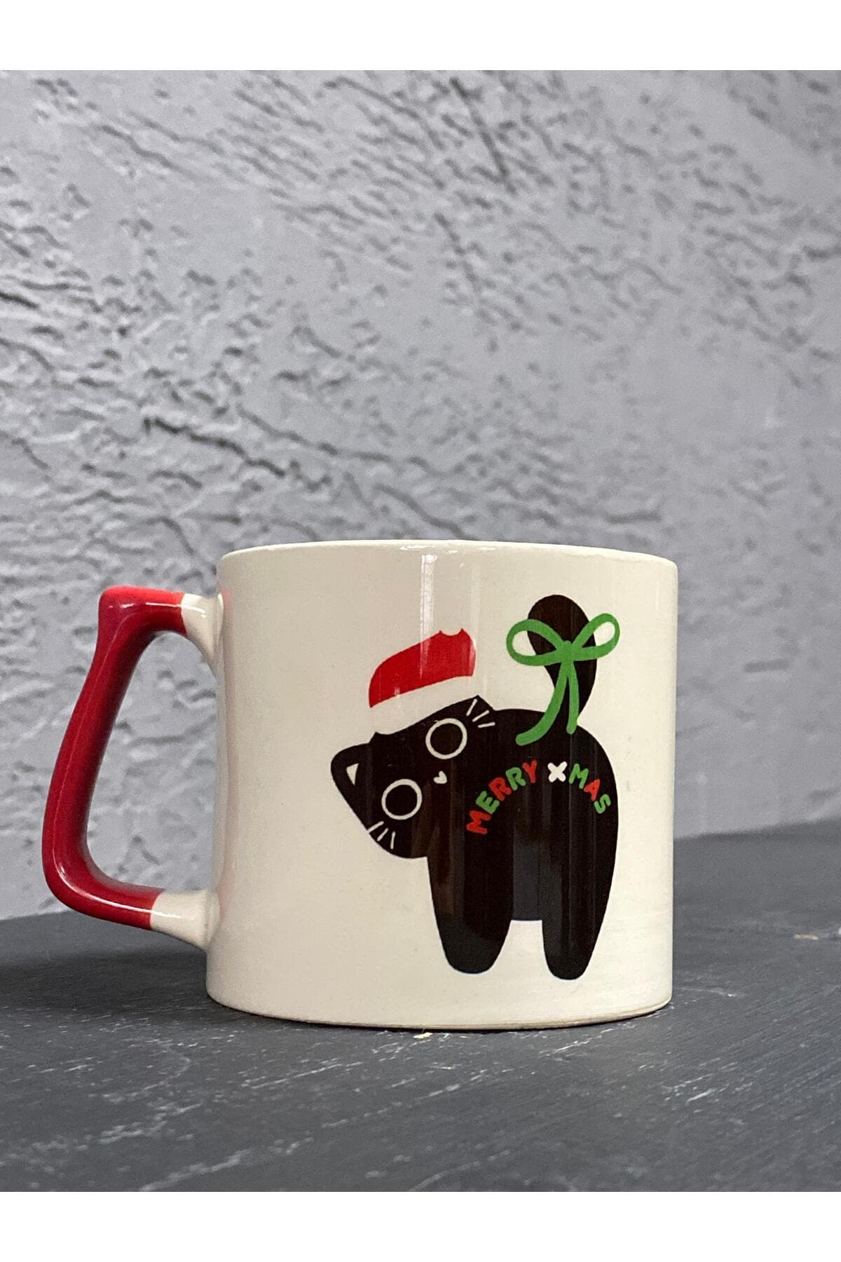 Merry Xmass Baskılı Kırmızı Kulplu Prime Kupa - Yılbaşı Hediyesi Bardak Fincan Mug