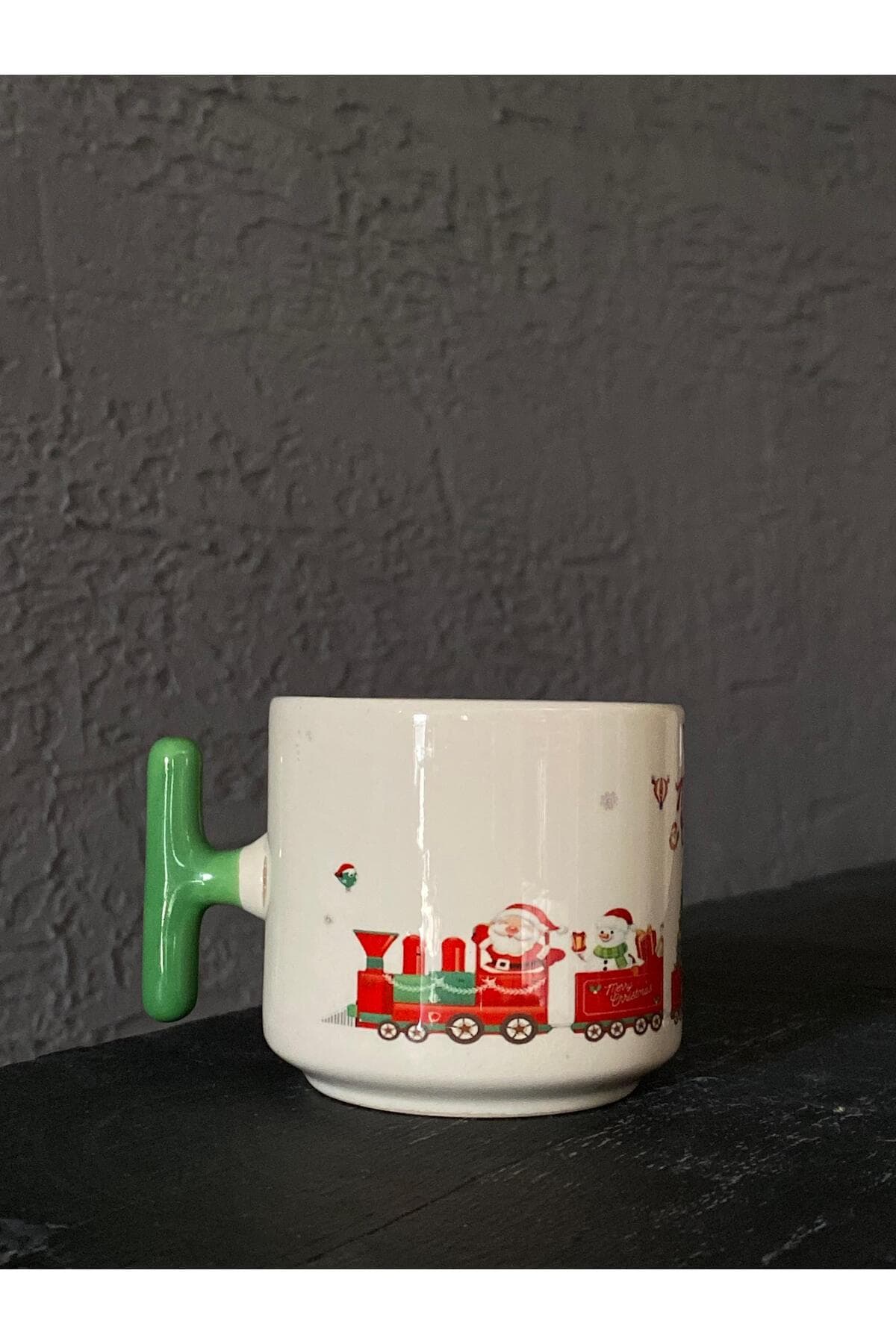 Noel Baba Treni Baskılı Yeşil Kulplu T Kupa - Babaya Hediye Bardak Fincan Mug Model 00755