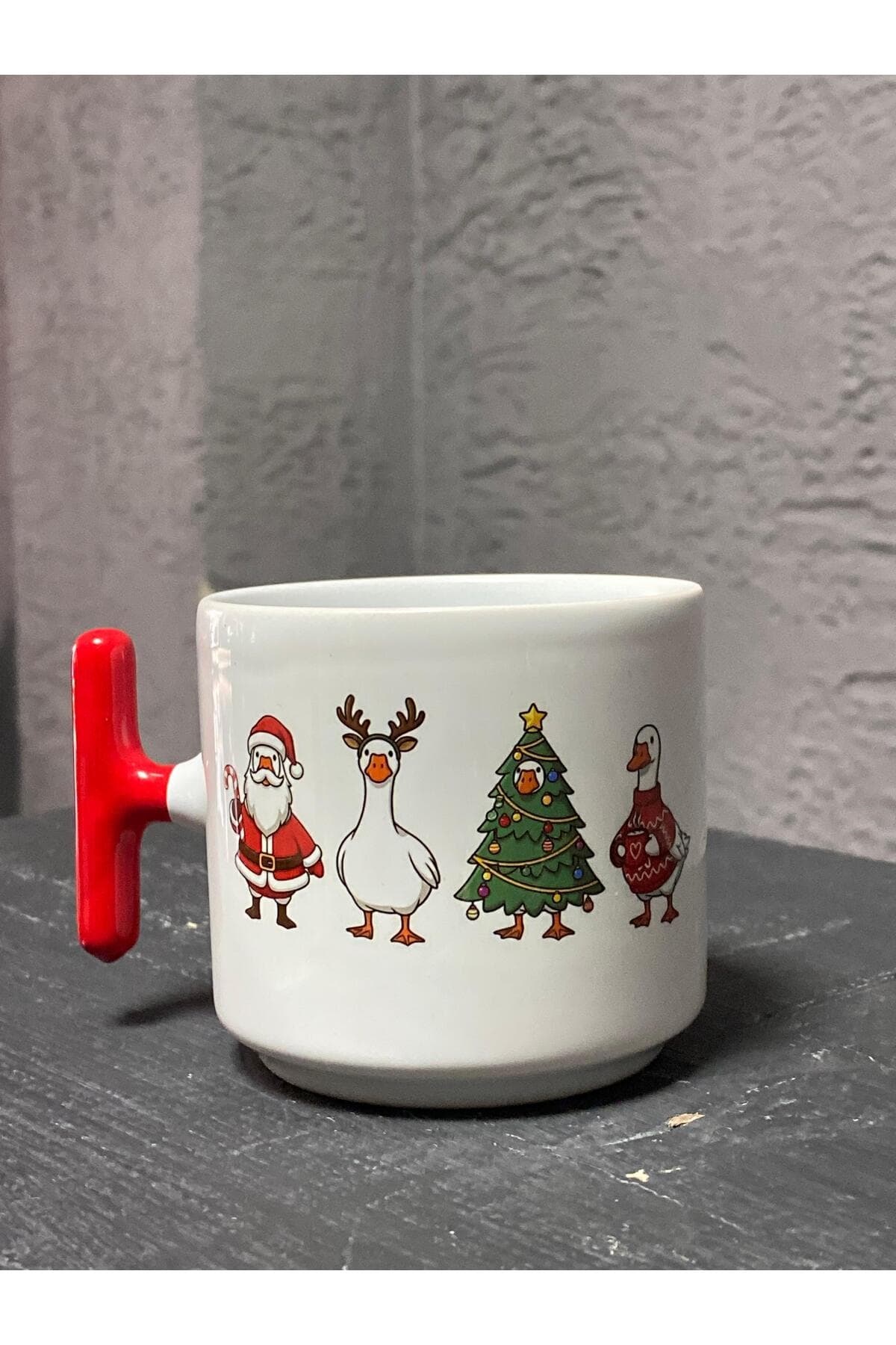 Dörtlü Kaz Baskılı Kırmızı Kulplu T Kupa - Yılbaşı Hediyesi Bardak Fincan Mug