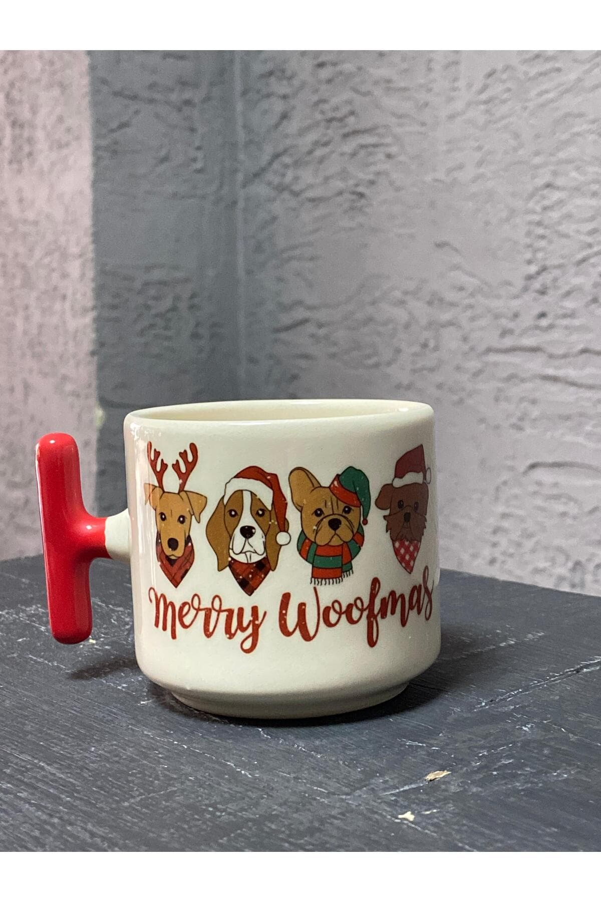 Merry Woofmass 4 Lü Köpek Baskılı Kırmızı Kulplu T Kupa - Yılbaşı Hediyesi Bardak Fincan Mug