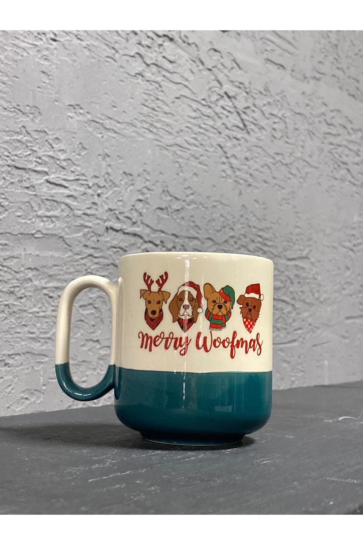 Merry Woofmass 4 Lü Köpek Baskılı Yeşil Alt Yarısı Renkli Arya Kupa - Yılbaşı Hediyesi Bardak Fincan