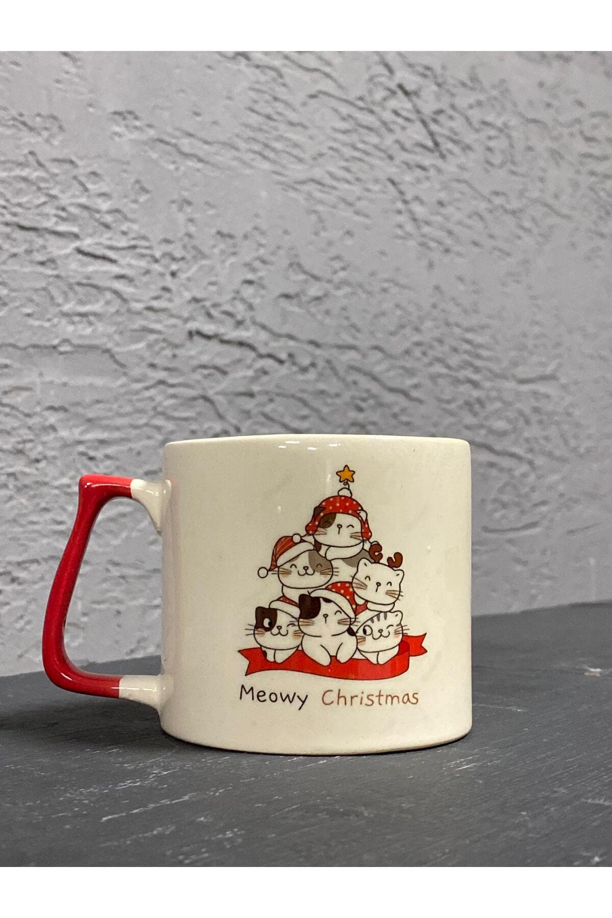 Meowy Christmast Kedi Ağacı Halı Baskılı Kırmızı Kulplu Prime Kupa - Yılbaşı Hediyesi Bardak Fincan