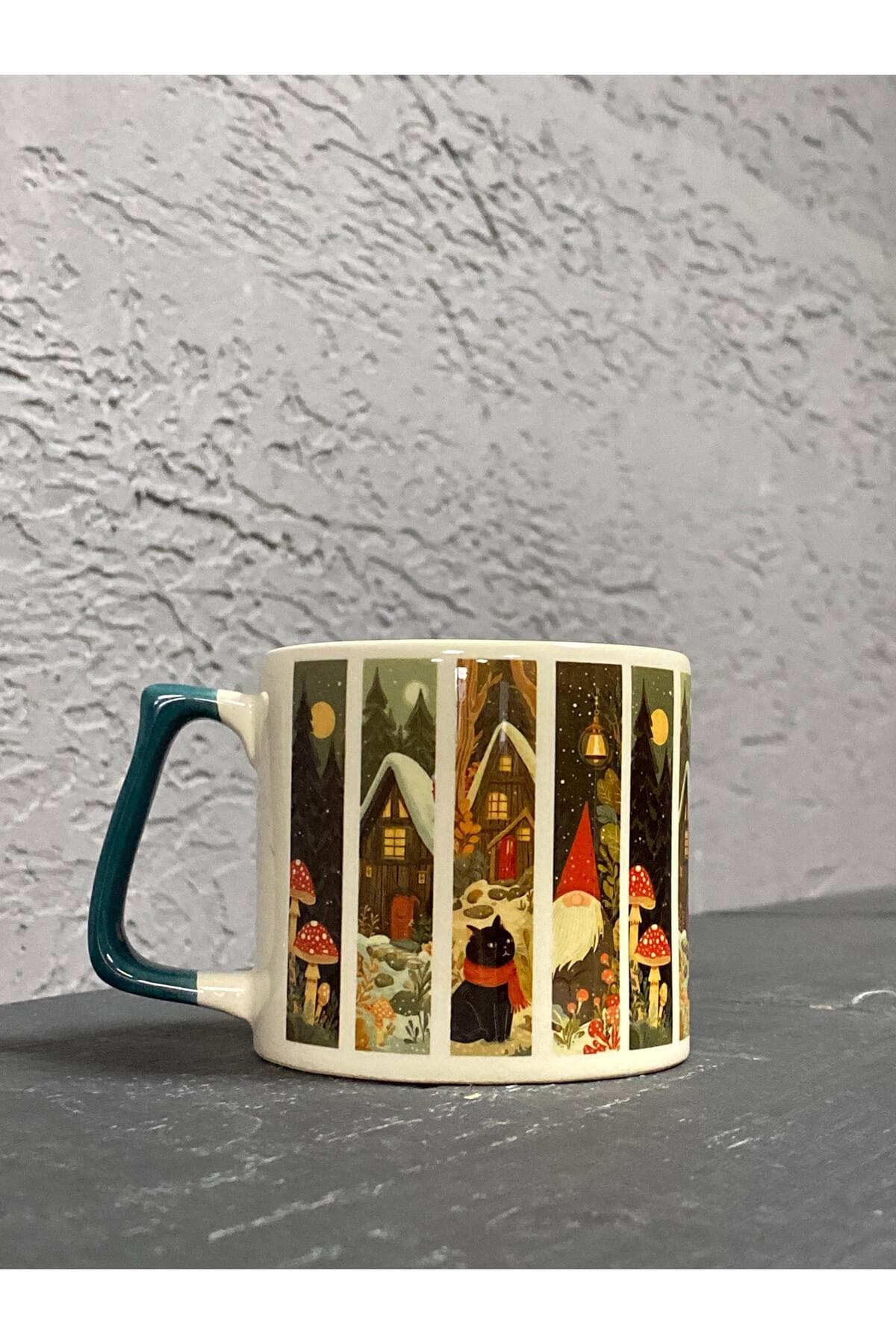 Yılbaşı Desenleri Baskılı Yeşil Kulplu Prime Kupa - Yılbaşı Hediyesi Bardak Fincan Mug